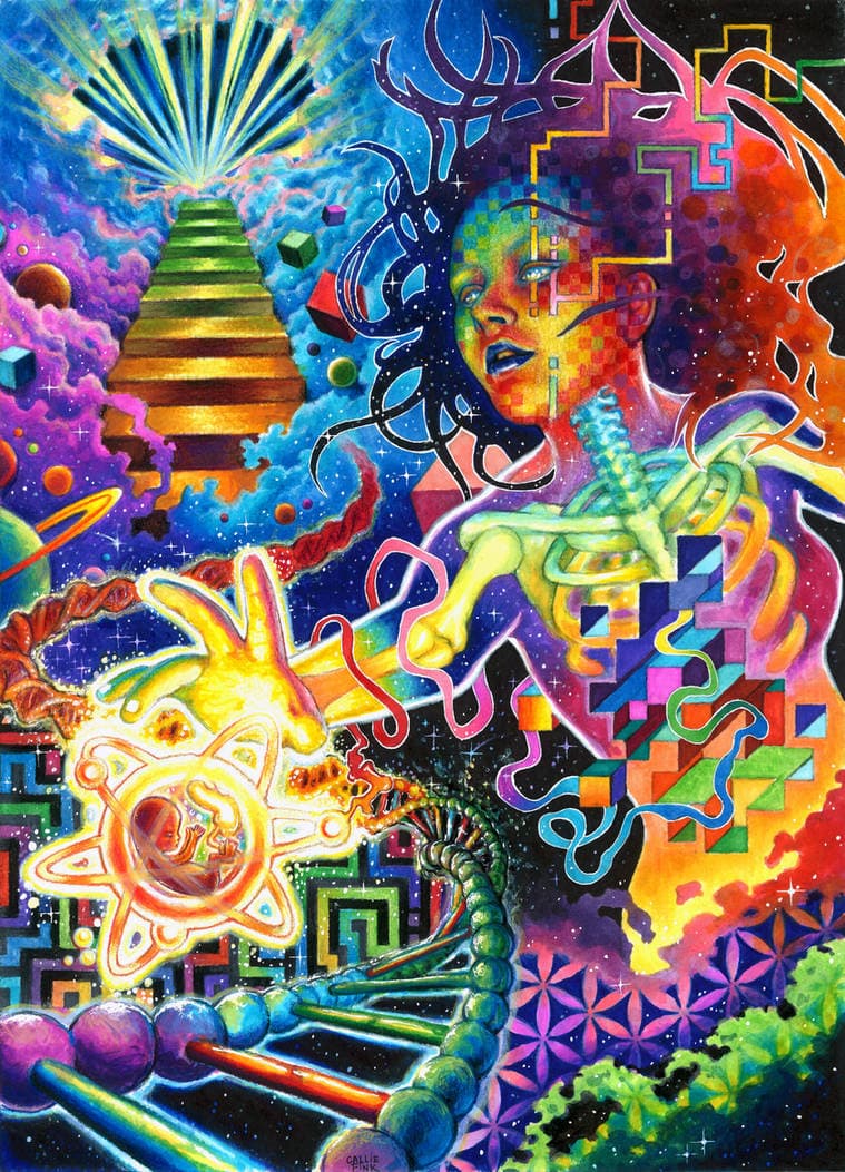 Illustration Colorful Psychedelic Woman, Fetus, DNA, and Cosmic Elements