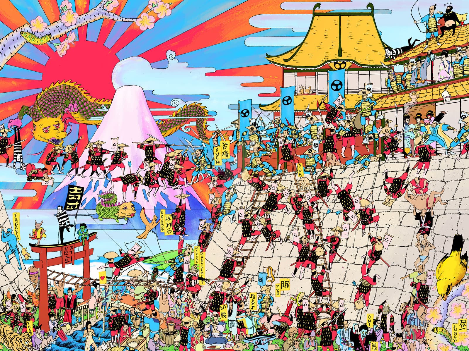 Highly detailed, colorful illustration of a chaotic battle scene with samurai, dragons, Mount Fuji, and a castle