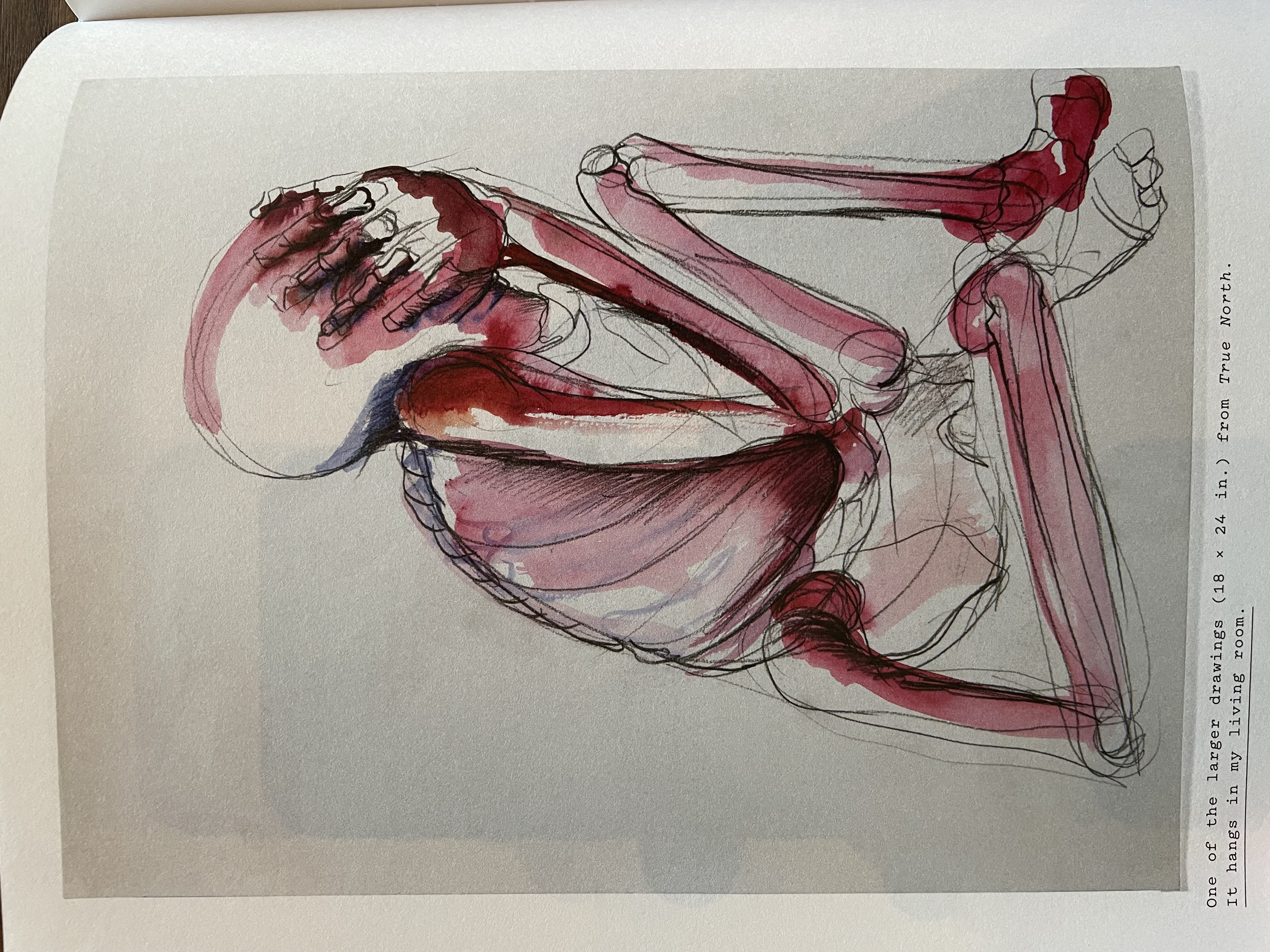 Illustration Crouching Figure with Hands Over Face, Red Watercolor Washes
