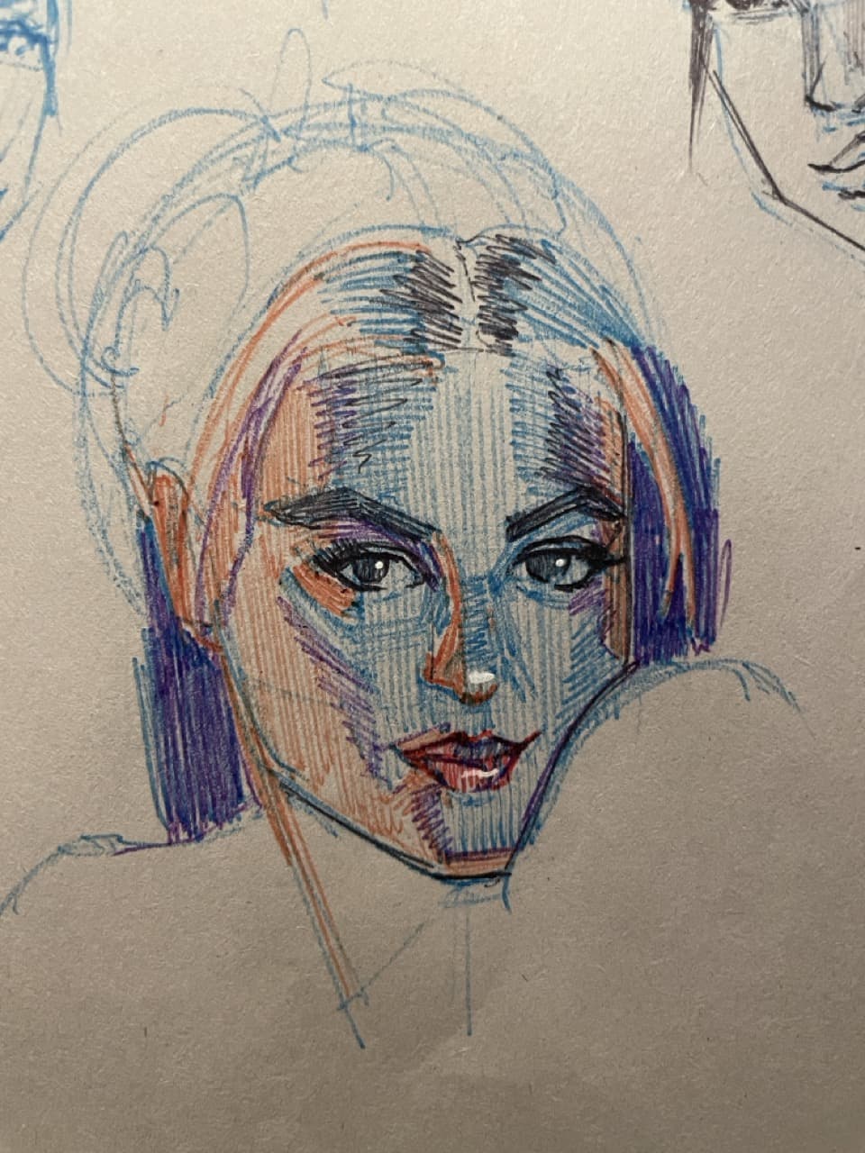Sketch of a Woman's Face Using Blue, Purple, and Orange Cross-Hatching