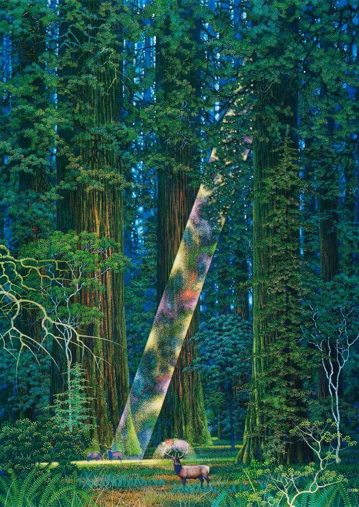 Illustration Forest Scene with Deer and Colorful Light Beam by Hiro Isono