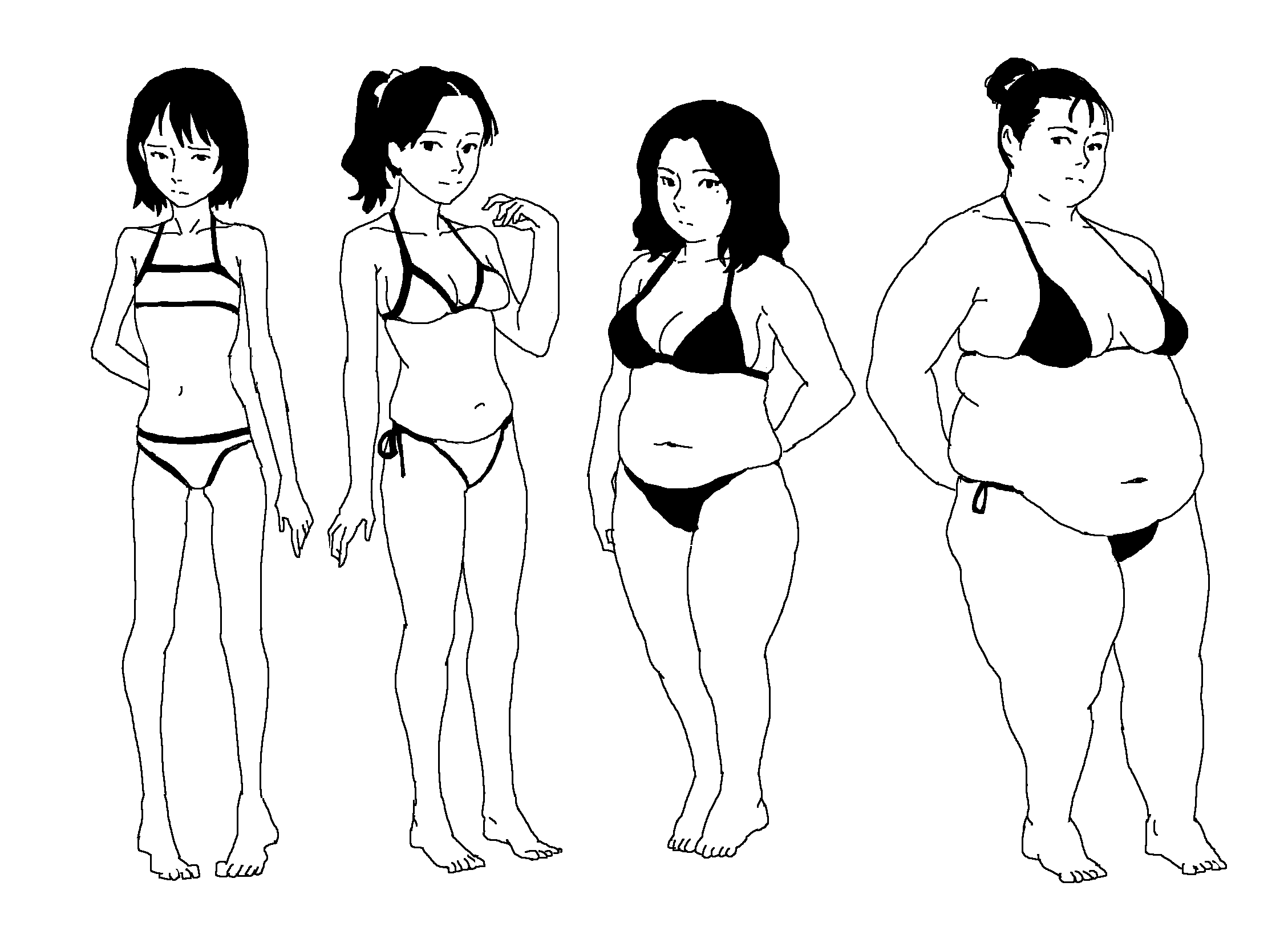 Illustration Four Female Figures in Bikinis Showing Different Body Types