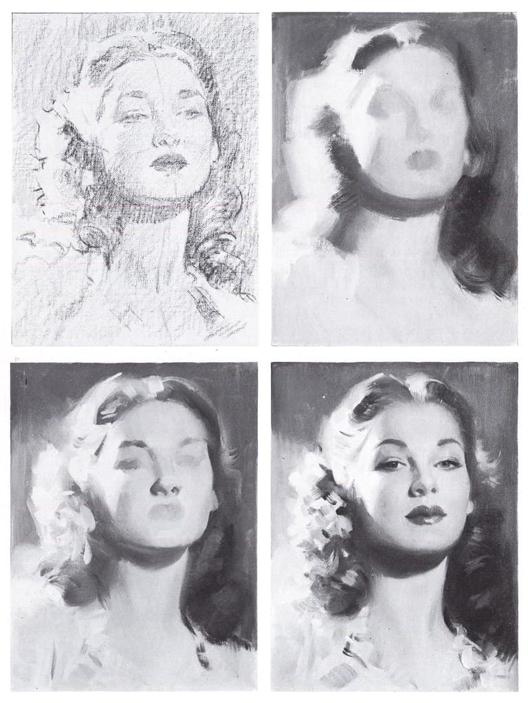 Four Panel Study of a Woman's Portrait in Pencil and Grayscale Paint