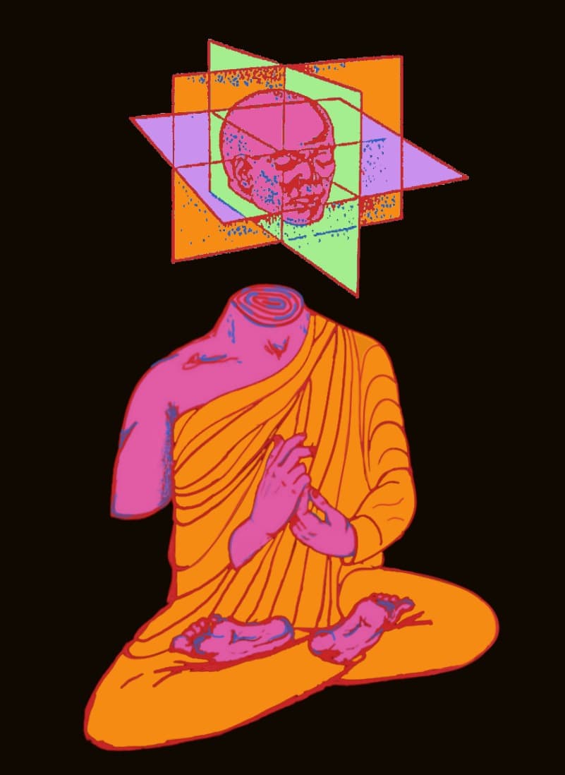 Digital Illustration of a Headless Meditating Figure with Floating Geometric Head