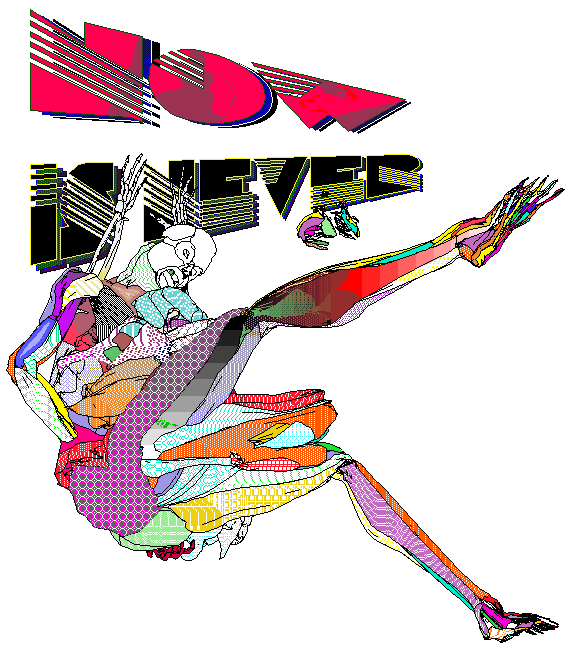 Illustration Pixelated, Colorful, Fragmented Figure with 'NOW IS NEVER' Text