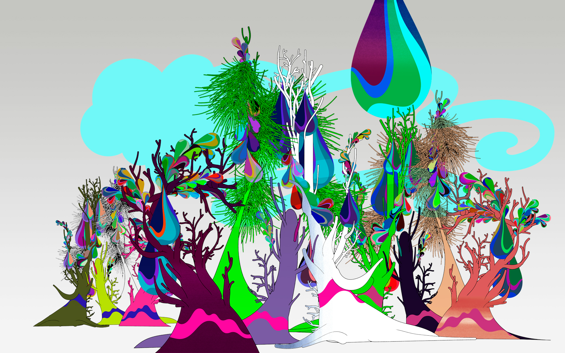 Illustration Psychedelic Digital Landscape with Colorful Trees and Abstract Shapes