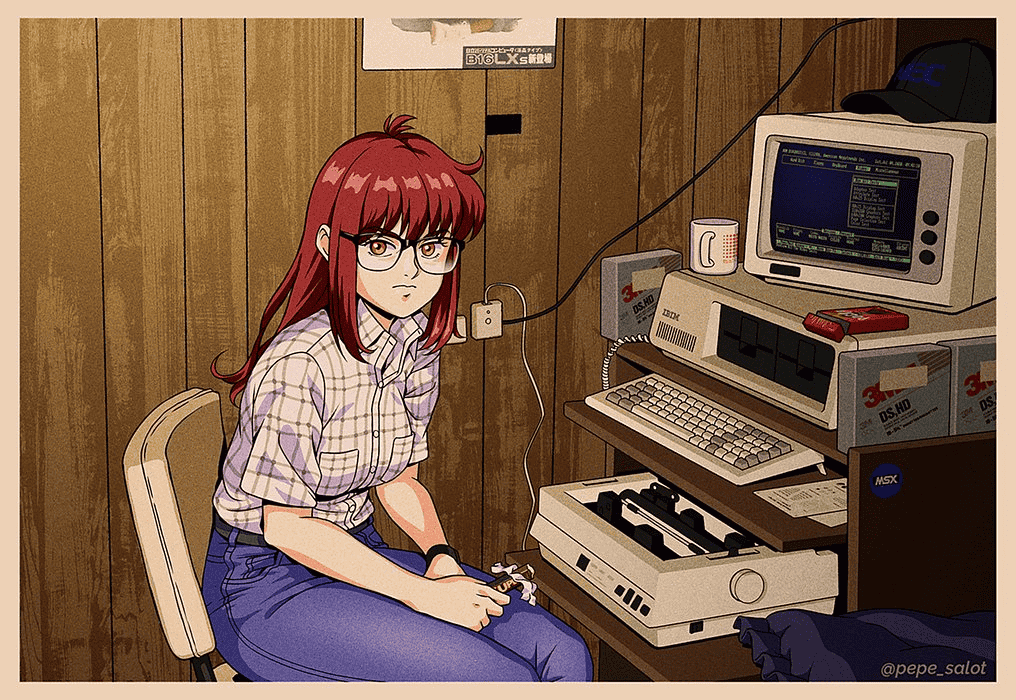 Digital Illustration of a Red-Haired Girl with Glasses at a Vintage Computer Desk