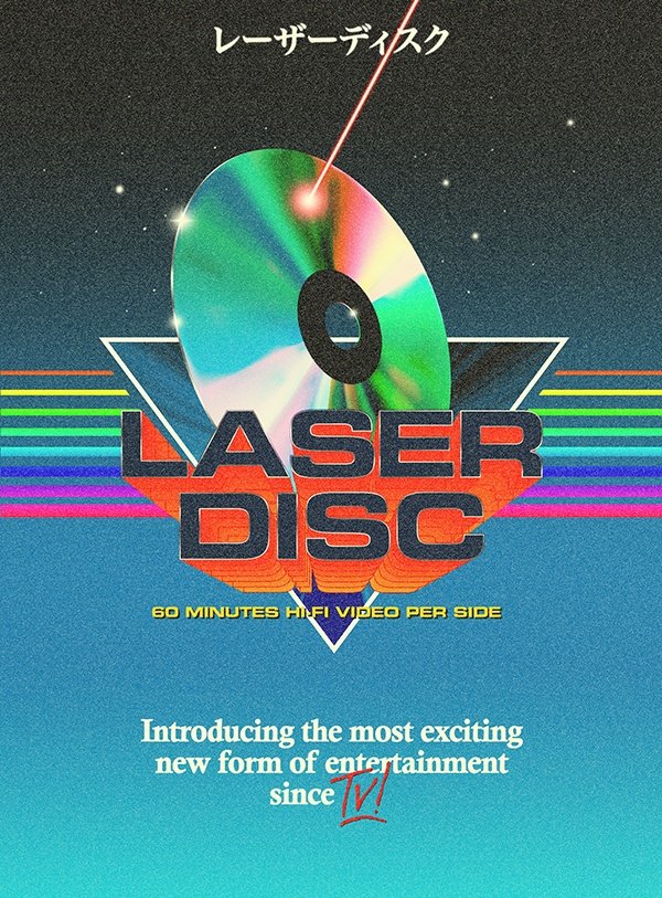 Illustration Retro futuristic LaserDisc Promotional Poster with a Colorful Disc and Laser Beam