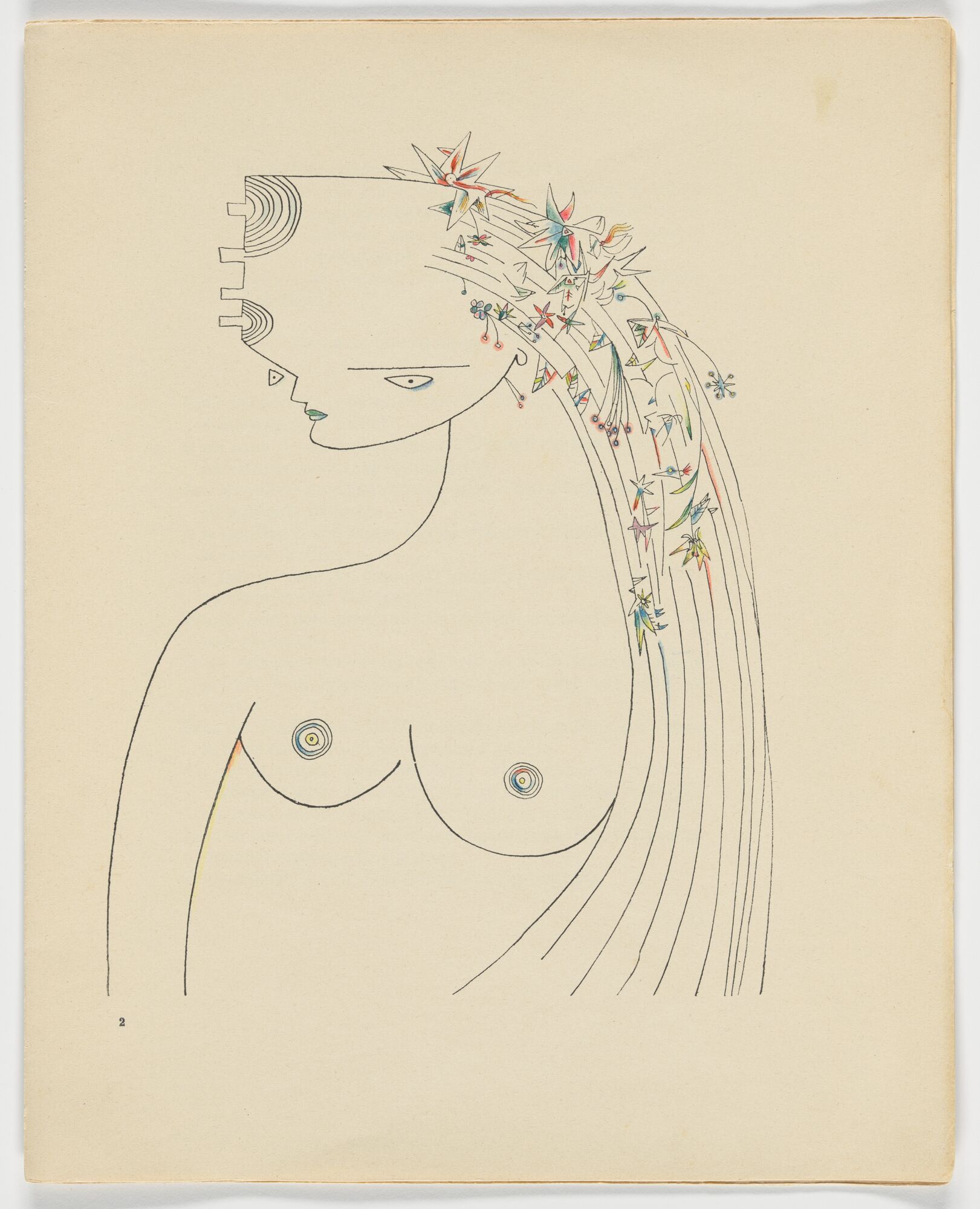 Illustration Stylized Female Figure with Flowing Hair and Colorful Stars