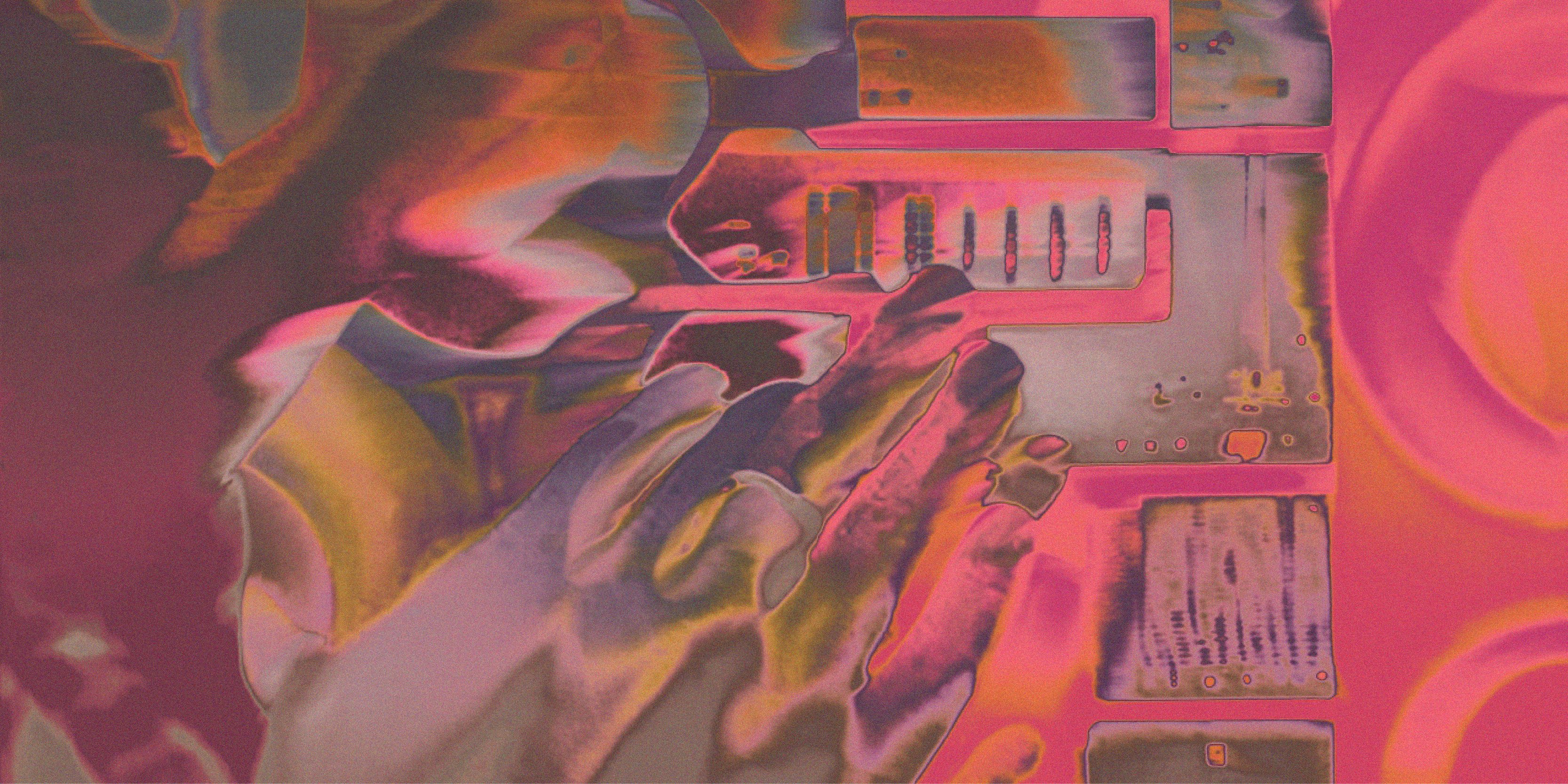 Illustration Stylized Hands Interacting With Electronic Components, Vibrant Colors