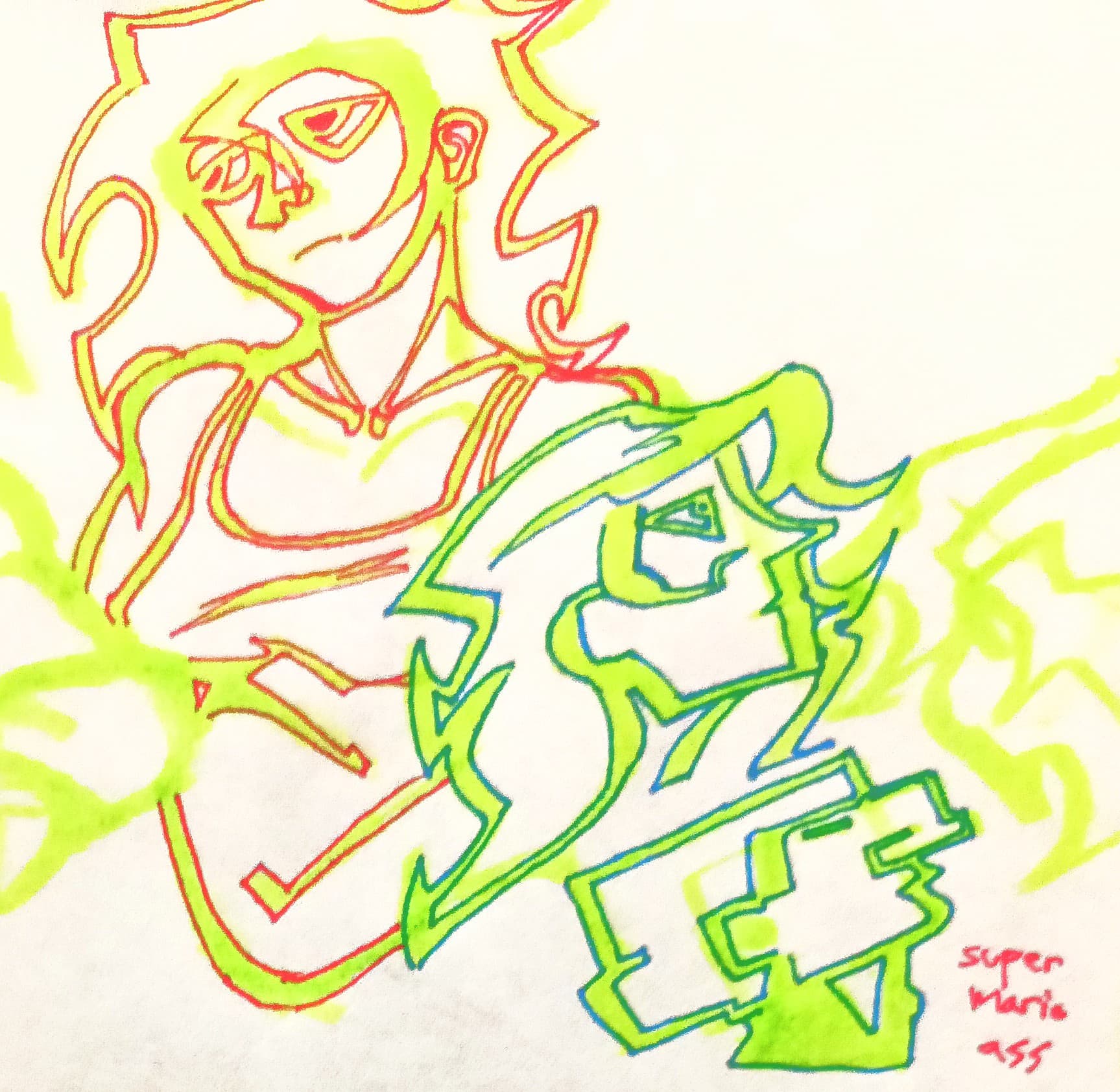 Drawing of two stylized figures outlined in neon colors