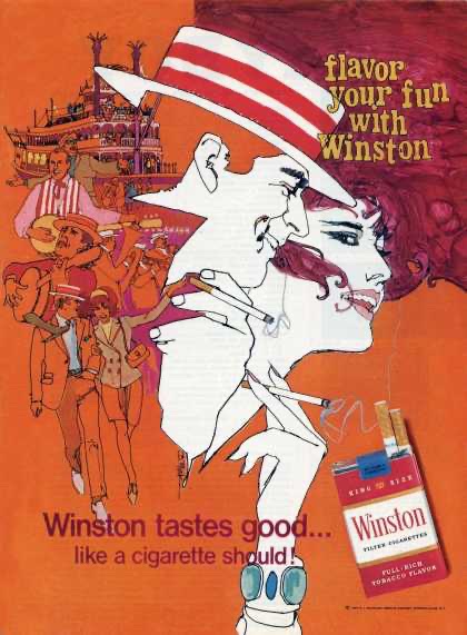 Illustration Vintage Winston Cigarettes Advertisement with Smoking Figures and Riverboat