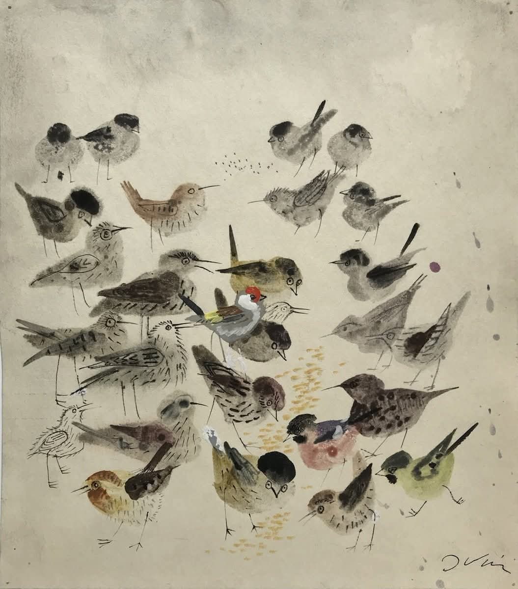 Illustration Watercolor Painting of Many Small Birds on Light Background
