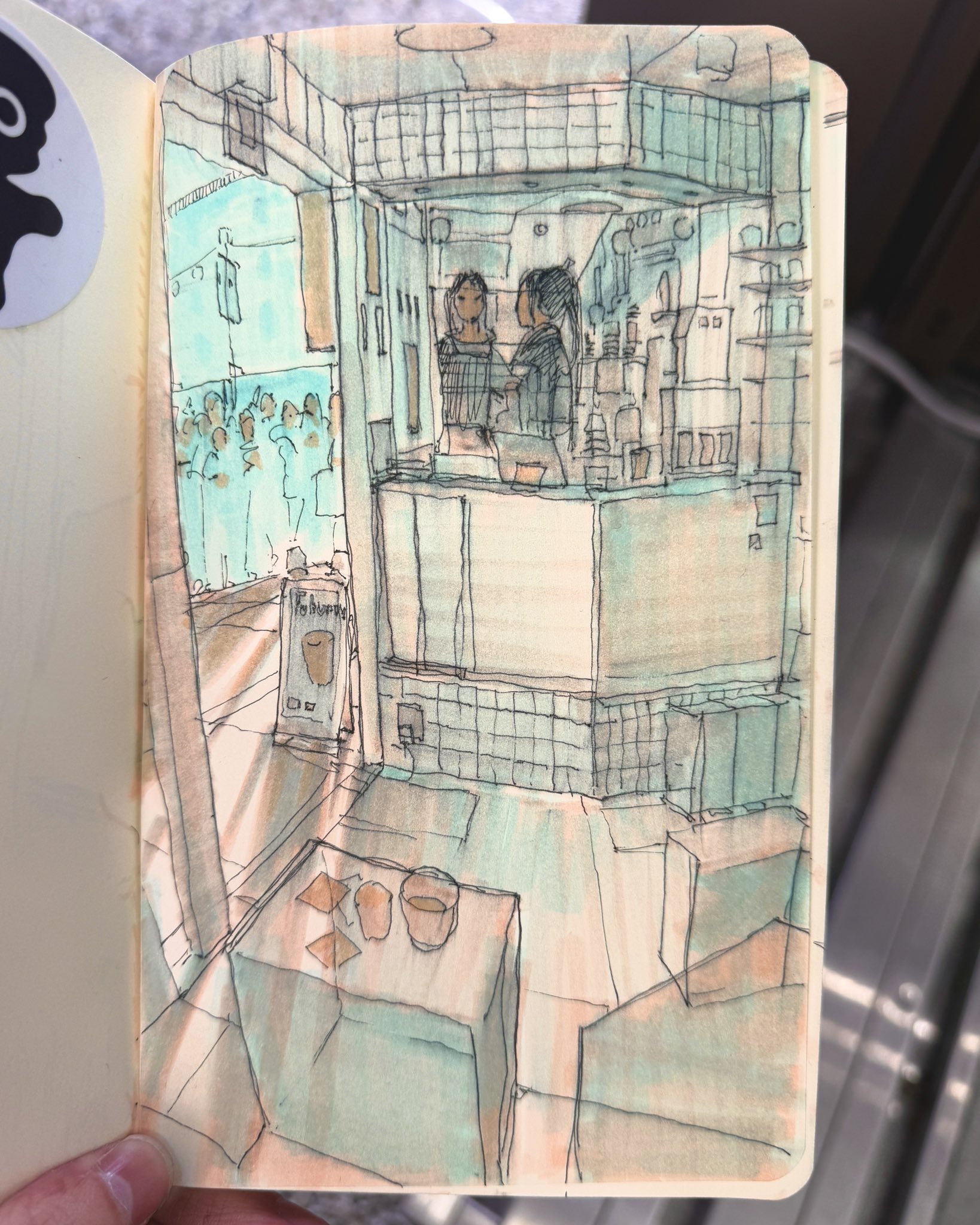 Illustration Watercolor Sketch of a Cafe Interior with Baristas and Customers