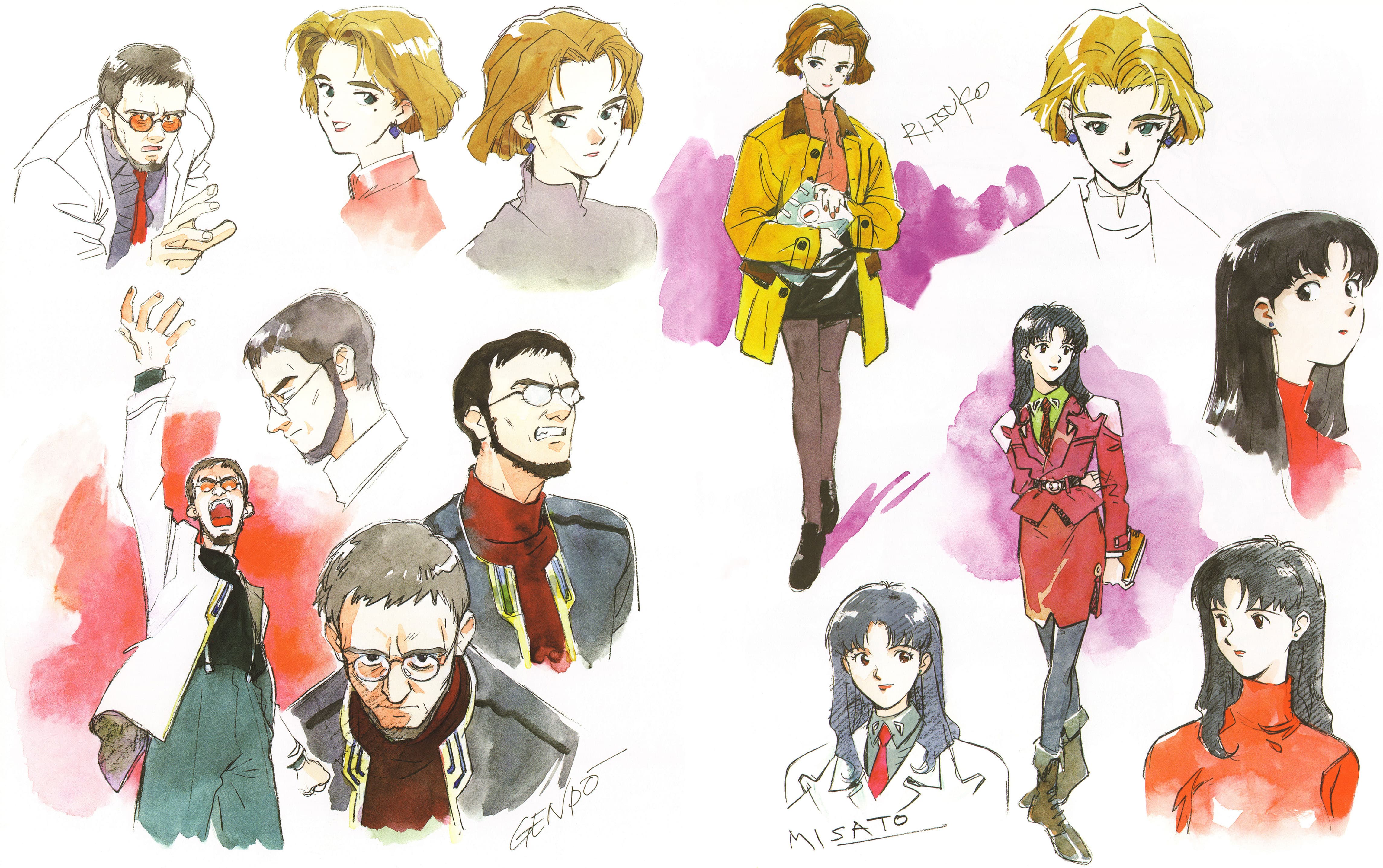 Watercolor and Ink Sketches of Multiple Anime-Style Characters