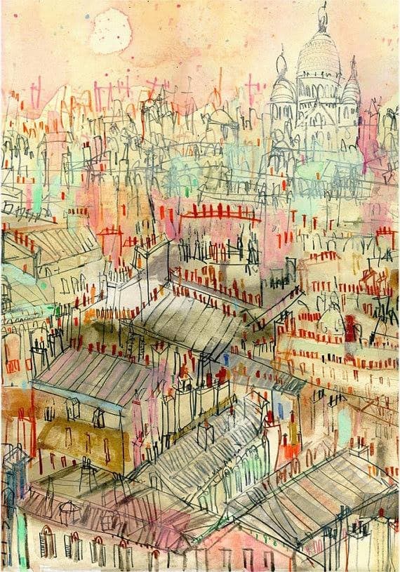 Watercolor and Ink Sketch of Parisian Rooftops with Sacré-Cœur