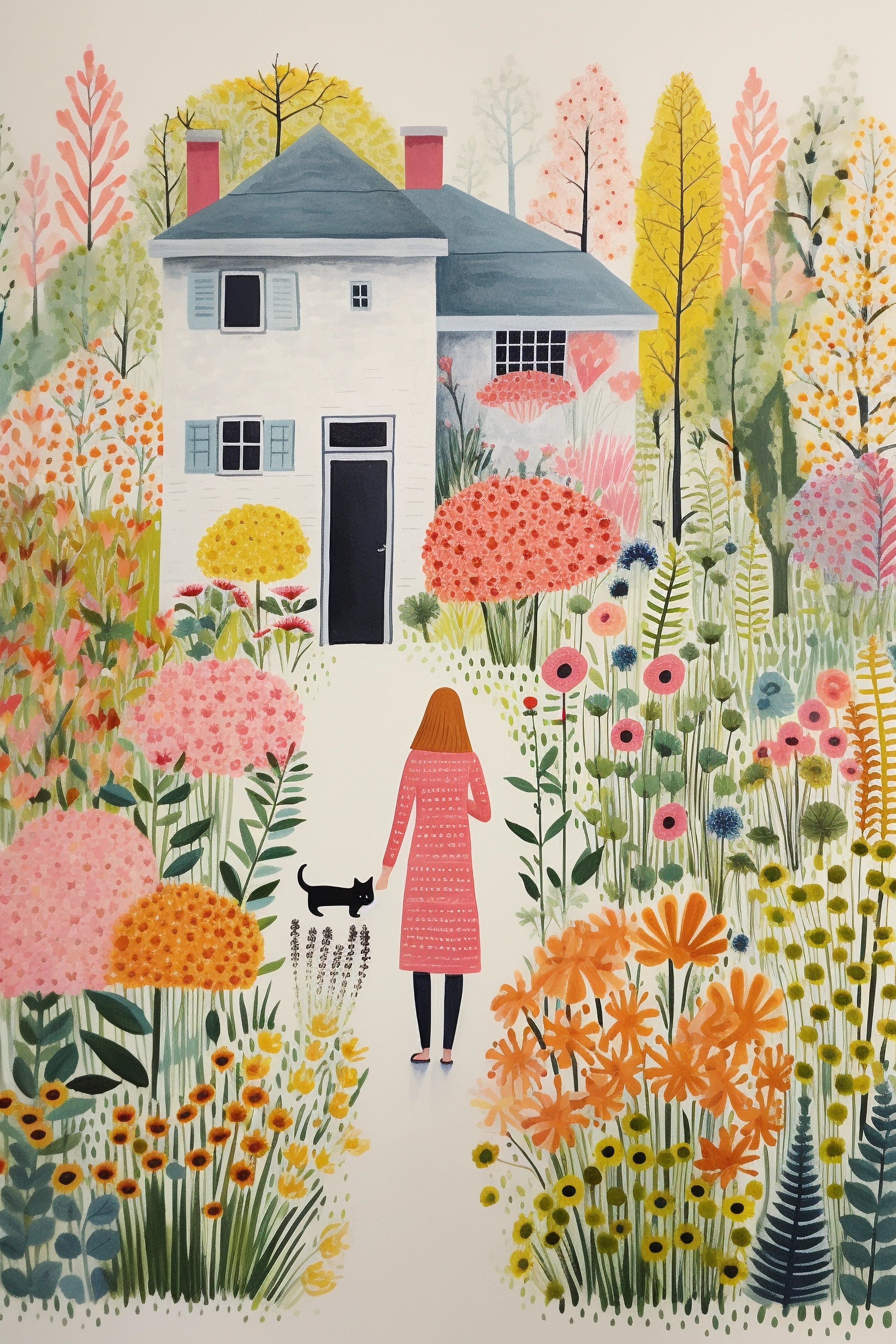 Illustration Woman And Cat Walking Towards White House In Colorful Garden
