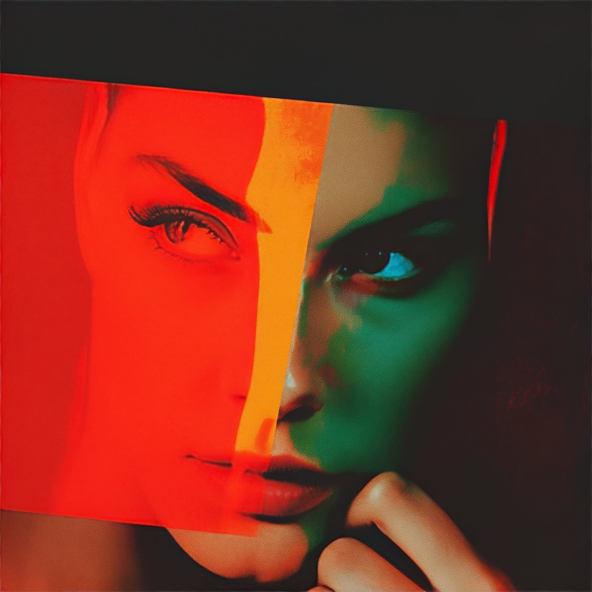 Illustration Woman's Face With Red, Orange, And Green Color Blocking