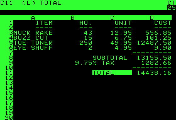 Screenshot Vintage Green Text Spreadsheet Displaying Items, Costs, And Totals