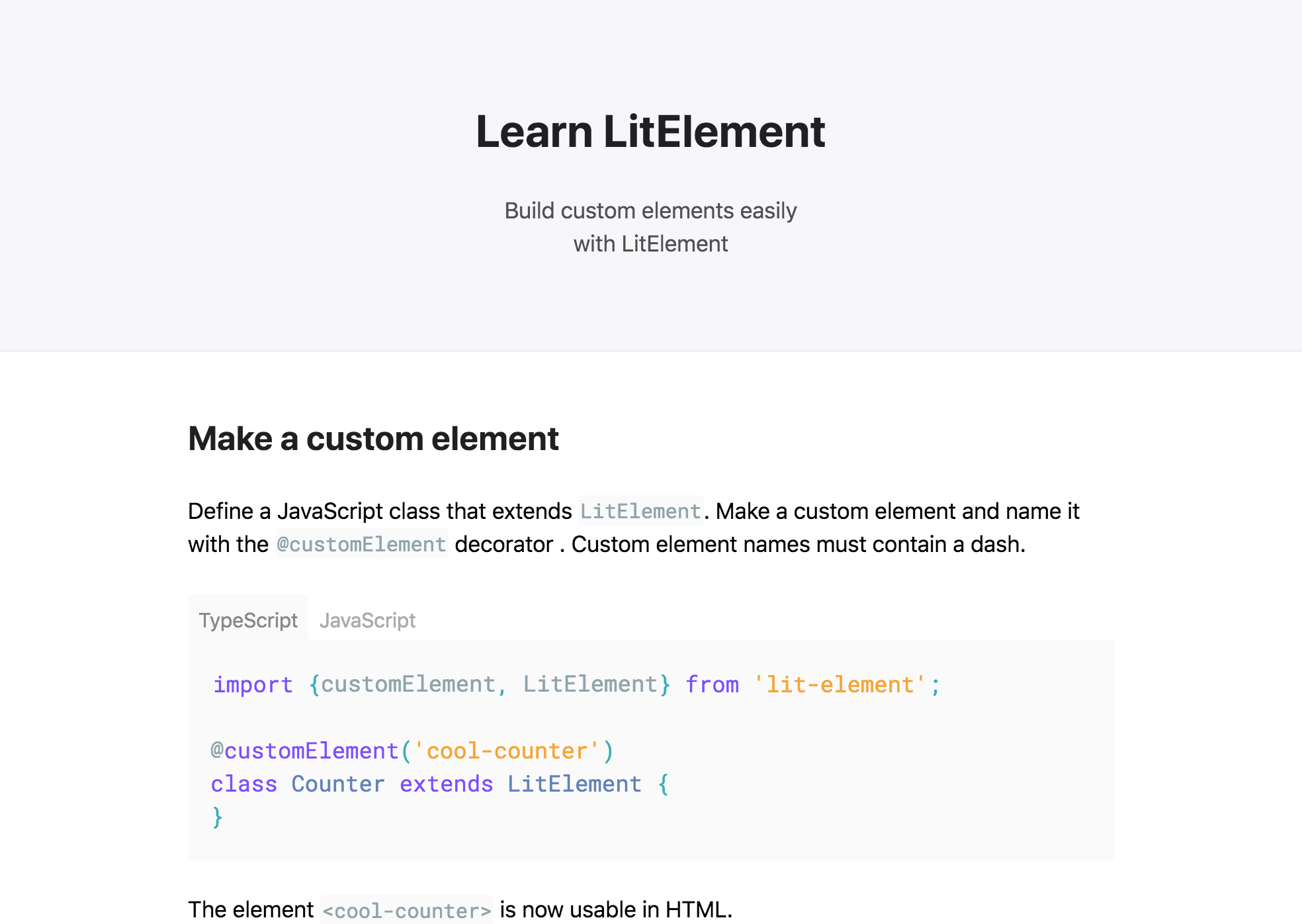 Homepage for the LearnLitElement tutorial