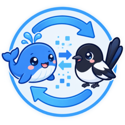 dsh-x-magpie 图标:鲸鱼与鹊鸟在环形箭头间同步