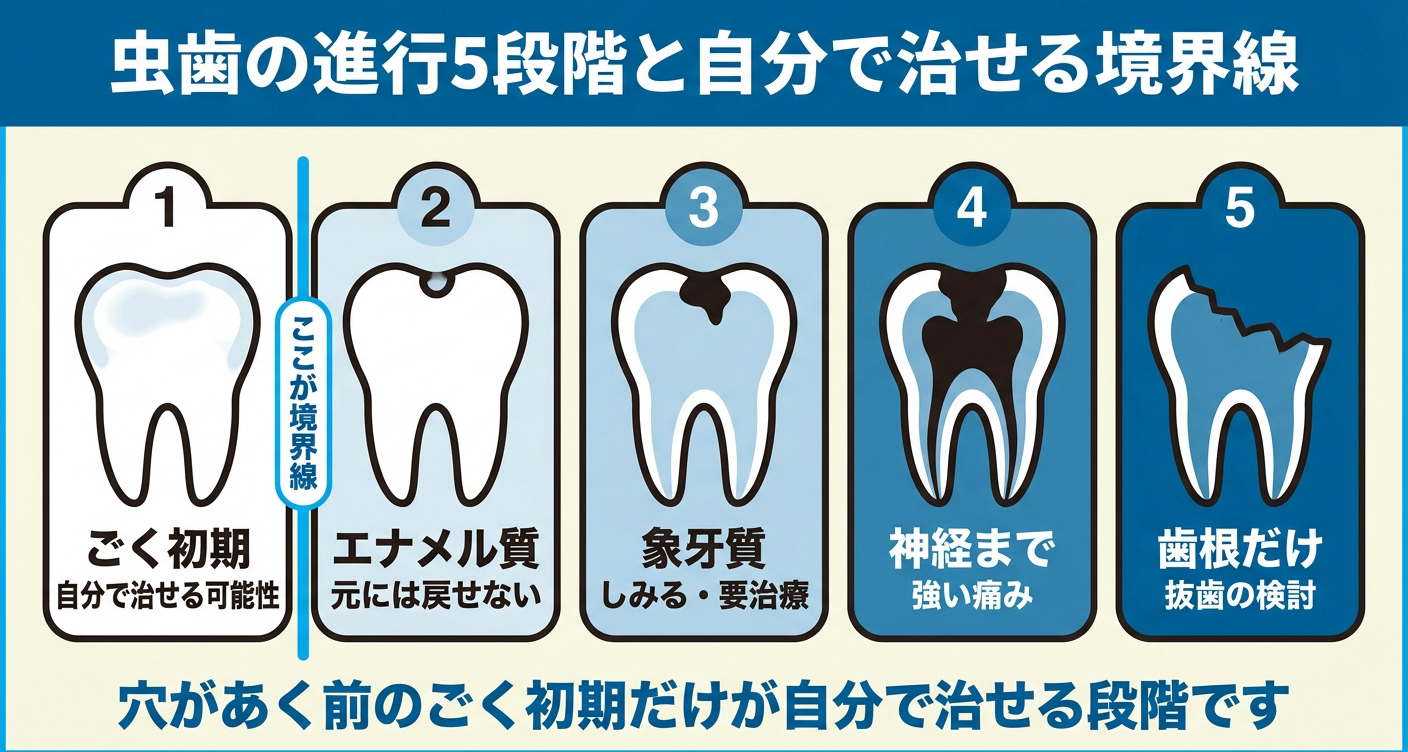 虫歯の進行度を5段階で示し、自宅ケアで対応できる境界線を整理した図解。穴のないごく初期だけが再石灰化で進行を抑えられる可能性があり、エナメル質・象牙質・神経・歯根へと進むほど歯科治療が必要になることを、進行を表す歯のシルエットと境界線で伝える歯科情報イラスト。