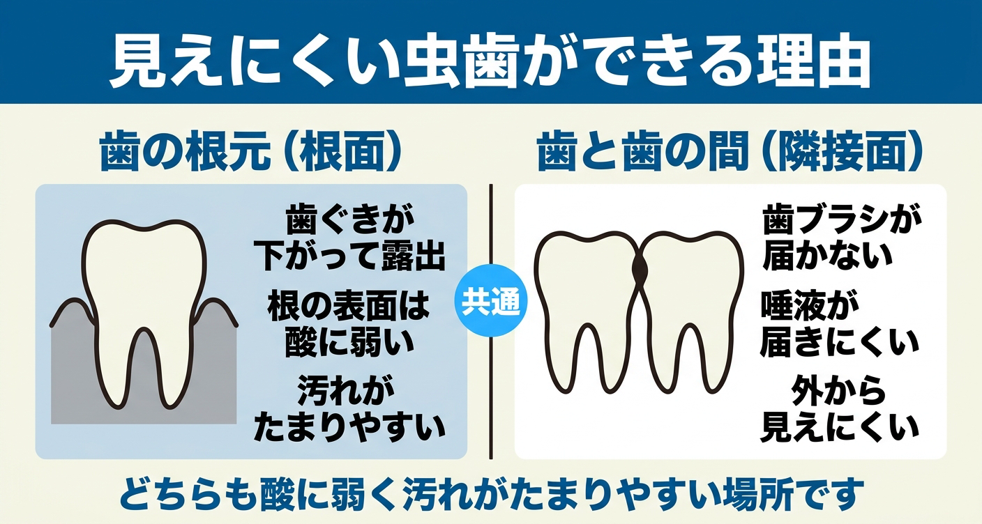 歯の根元の虫歯（根面う蝕）と歯と歯の間の虫歯（隣接面う蝕）ができる理由を左右で対比した図解。根元は歯ぐきが下がり酸に弱く汚れがたまりやすいこと、歯間は歯ブラシや唾液が届きにくく見えにくいことを示す。