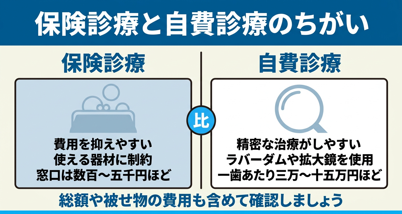 虫歯の根管治療における保険診療と自費診療の費用目安と特徴を左右で対比した図解。保険は費用を抑えやすく窓口は数百〜五千円ほど、自費はラバーダムや拡大鏡を使い一歯あたり三万〜十五万円ほどで、総額や被せ物の費用も含めて確認すると伝える。