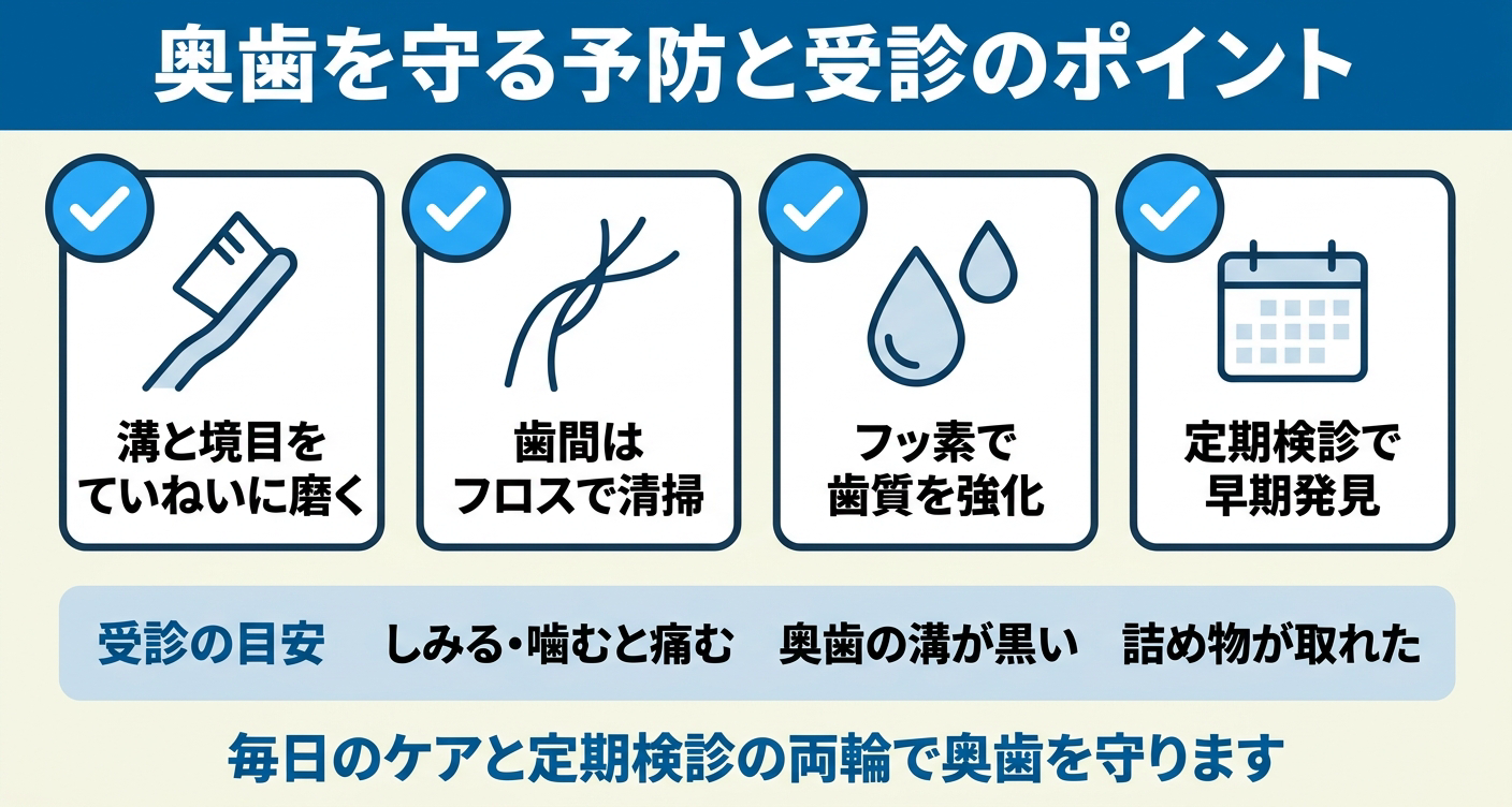 奥歯の虫歯の予防と受診の目安を整理した図解。溝と境目を磨く・歯間をフロスで清掃・フッ素で歯質を強化・定期検診で早期発見の4つのケアと、しみる/溝が黒い/詰め物が取れたなどの受診サインを示し、毎日のケアと定期検診で奥歯を守ると伝える。