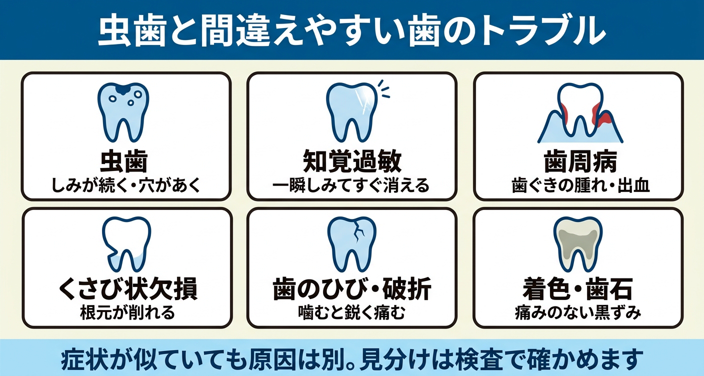 虫歯と間違えやすい歯のトラブルを6つに整理した図解。虫歯・知覚過敏・歯周病・くさび状欠損・歯のひびや破折・着色や歯石を並べ、しみる穴や歯ぐきの異変など症状の特徴を添え、似た症状でも原因は別で見分けは検査で確かめると伝える歯科情報イラスト。