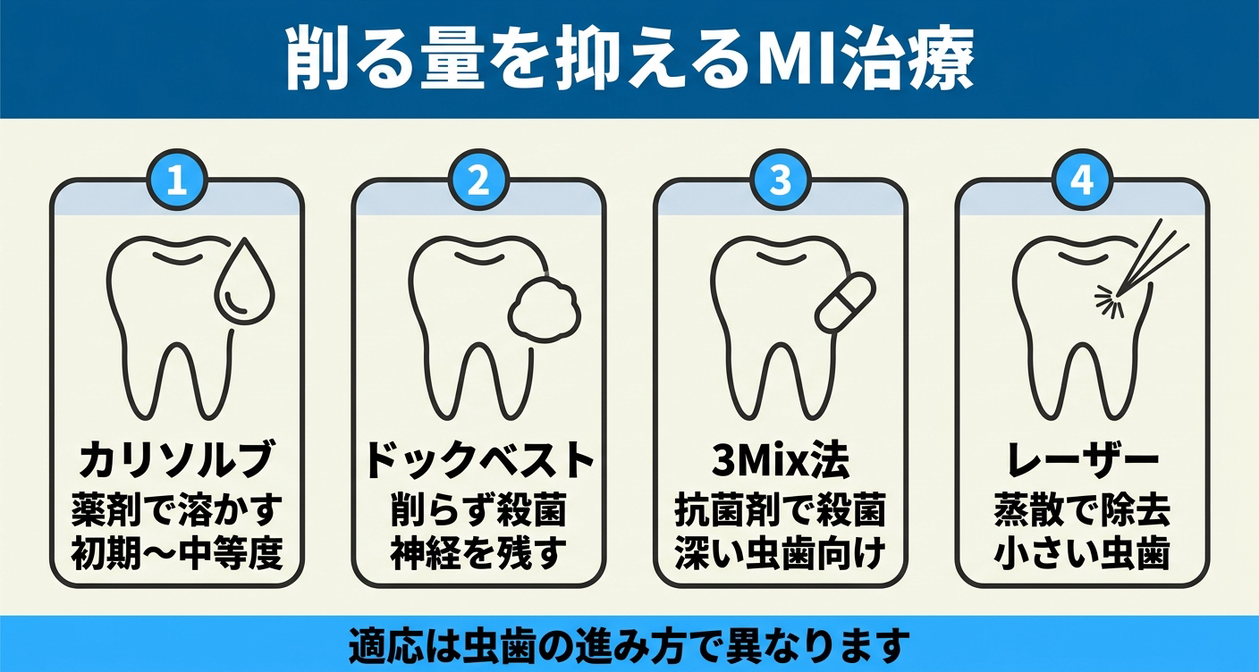 痛みを抑える虫歯治療で使われる削る量を抑えるMI治療を4枚のパネルで比較した図解。カリソルブ、ドックベストセメント、3Mix法、レーザーを並べ、それぞれの適応は虫歯の進み方によって異なることを示す。