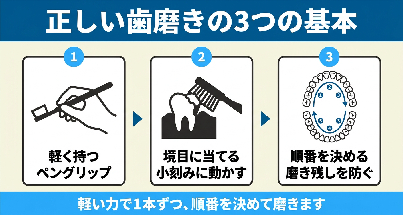 虫歯を防ぐ正しい歯磨きの方法を3つの基本で示した図解。歯ブラシをペングリップで軽く持つ、歯と歯ぐきの境目に毛先を当てて小刻みに動かす、磨く順番を決めて磨き残しを防ぐという流れを並べ、軽い力で1本ずつ磨くことを伝える。