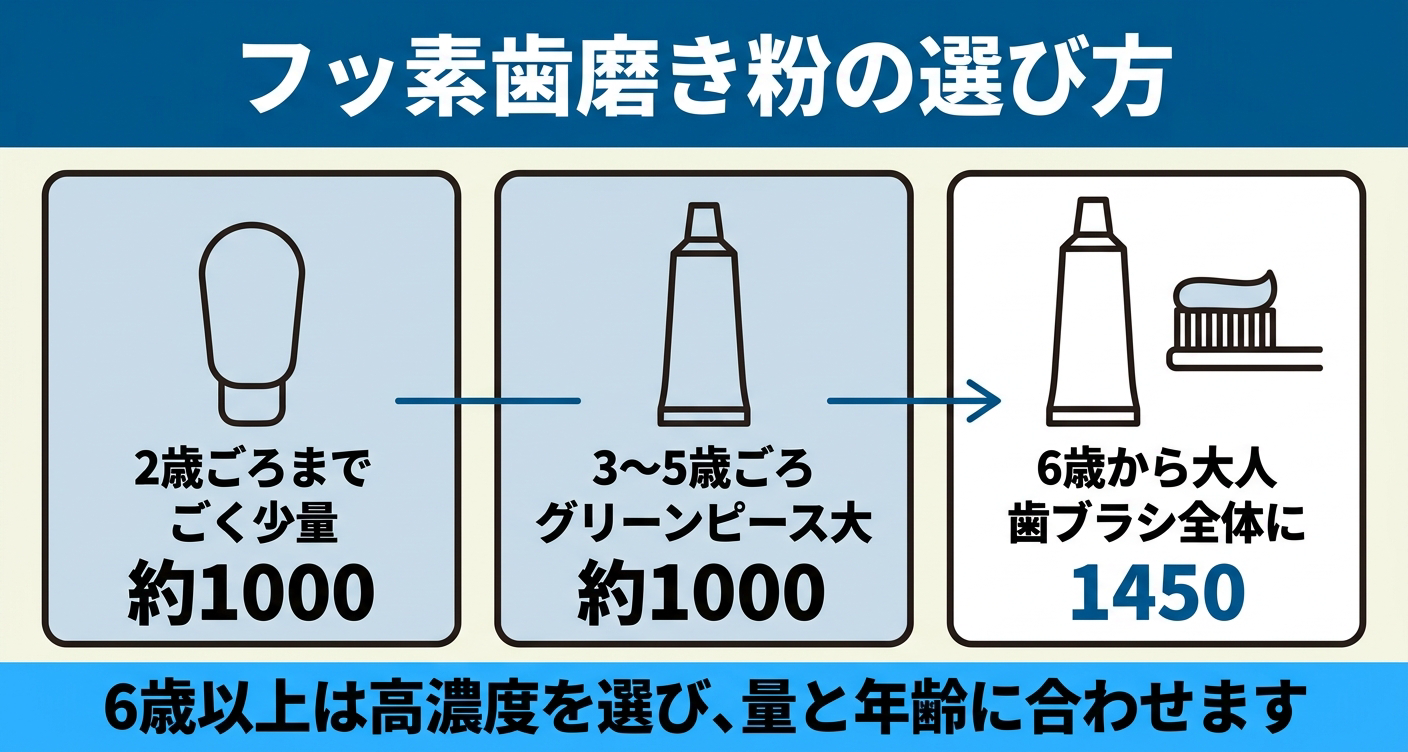 虫歯予防のための歯磨き粉の選び方を年齢別に示した図解。2歳ごろまでと3〜5歳ごろは約1000の低めのフッ素濃度をごく少量、6歳から大人は1450の高濃度を歯ブラシ全体にと並べ、年齢に合わせてフッ素濃度と使用量を選ぶことを伝える。