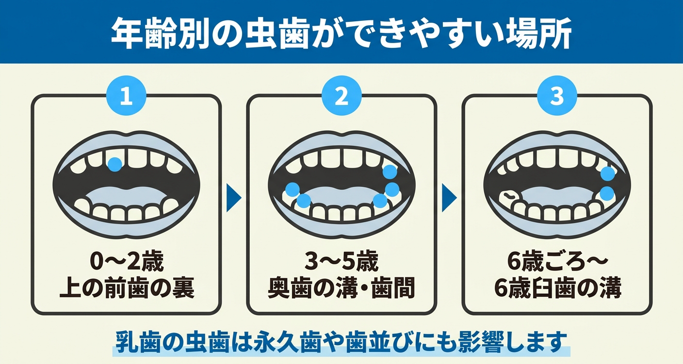 子供の虫歯ができやすい場所を年齢別に示した図解