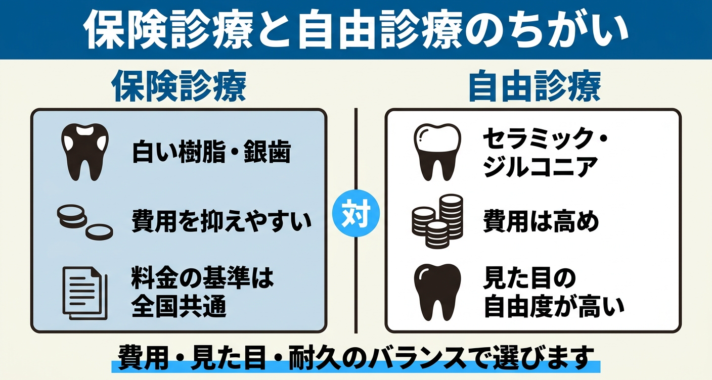 虫歯治療の費用を左右する保険診療と自由診療の違いを対比した図解。保険は白い樹脂や銀歯で費用を抑えやすく料金基準が全国共通、自由診療はセラミックやジルコニアで費用は高めだが見た目の自由度が高いことを、費用・見た目・耐久のバランスで選ぶ視点とともに示す。