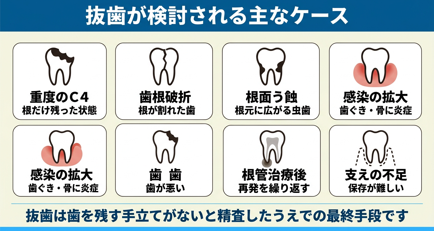 虫歯で抜歯が検討される主なケースを6枚のカードで示した図解。根だけ残った重度のC4、歯根破折、根面う蝕、歯ぐきや骨への感染拡大、根管治療後の再発、支えの不足を並べ、抜歯は歯を残す手立てが乏しいと精査したうえで検討される最終手段であることを伝える。