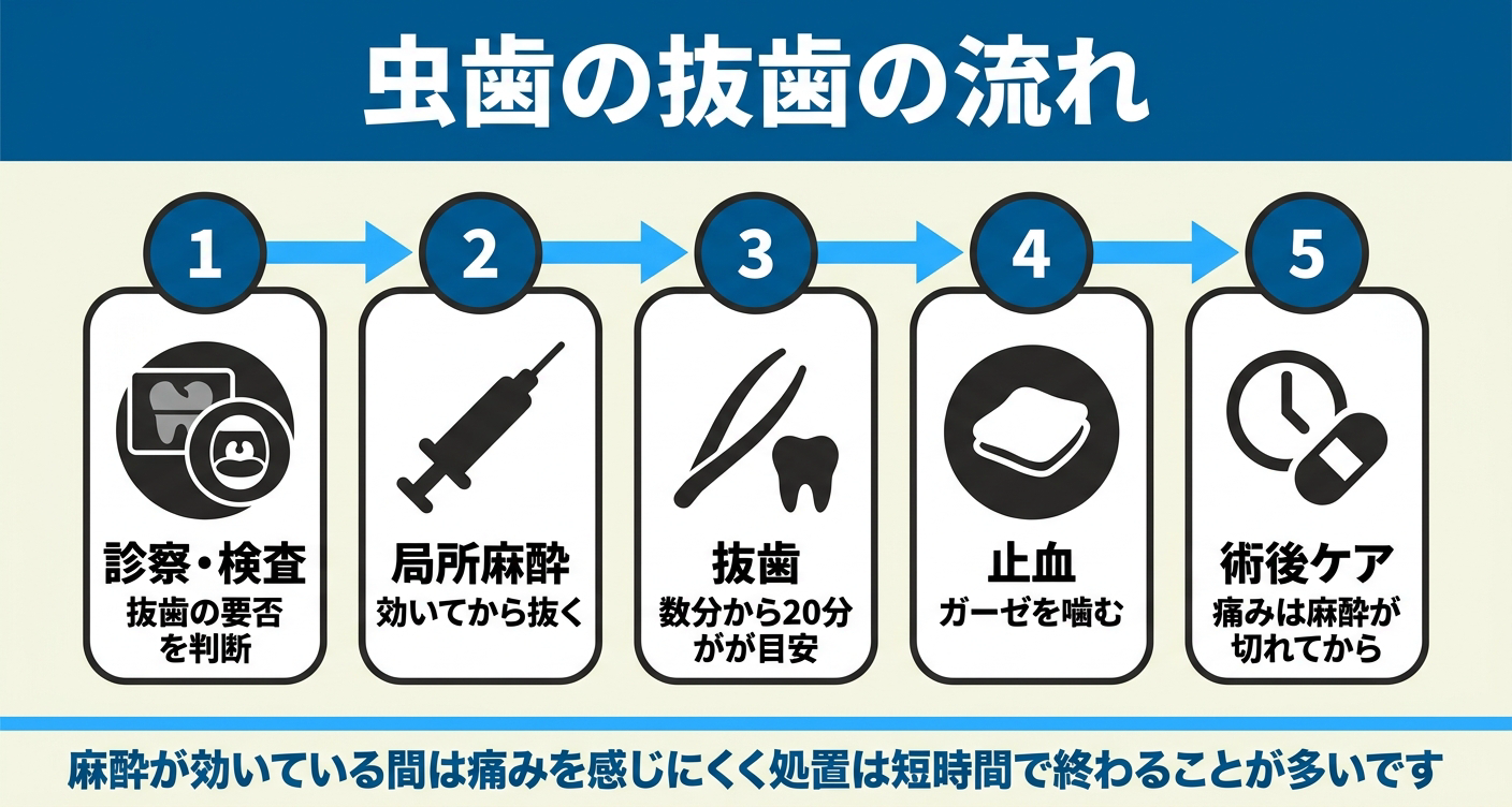 虫歯の抜歯の流れを診察・検査、局所麻酔、抜歯、止血、術後ケアの5ステップで示した図解。麻酔が効いている間は痛みを感じにくく処置は短時間で終わることが多く、痛みは麻酔が切れてから出やすいことを伝える、虫歯の抜歯の手順がわかる図。