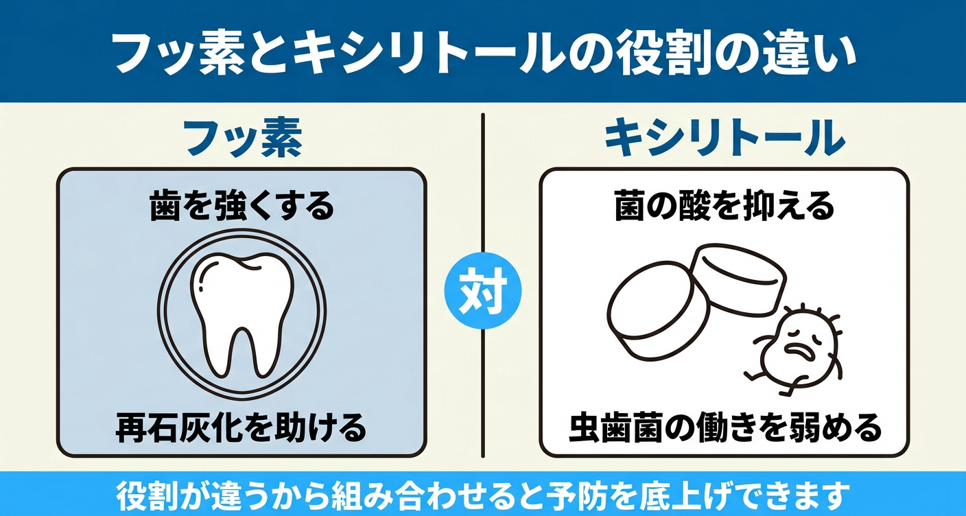 フッ素とキシリトールの虫歯予防における役割の違いを左右で対比した図解