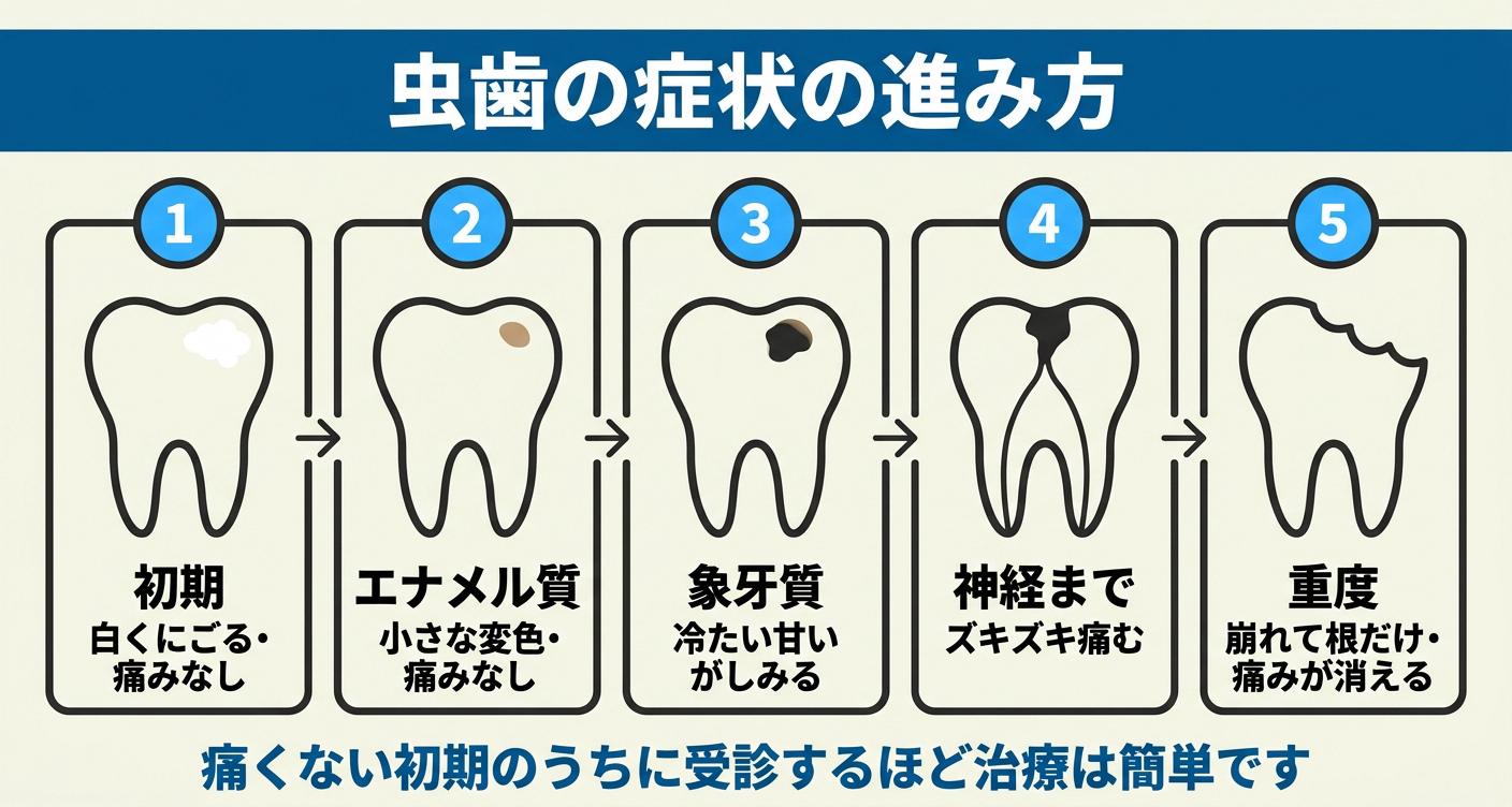虫歯の症状を進行段階別に左から右へ5段階で示した図解。白くにごる初期から、小さな変色、冷たいものや甘いものがしみる段階、神経に達してズキズキ痛む段階、歯が崩れて根だけ残り痛みが消えることがある段階までを並べ、痛みがない初期のうちに歯科医院で確認する重要性を伝える。