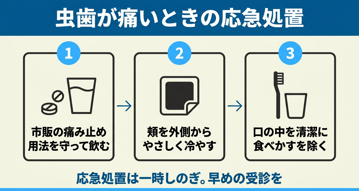 虫歯が痛いときにすぐできる応急処置を3ステップで示した図解。市販の痛み止めを用法どおり飲む、頬を外側からやさしく冷やす、口の中を清潔にして食べかすを除くの順に並べ、応急処置は一時しのぎで早めの受診が大切なことを伝える。