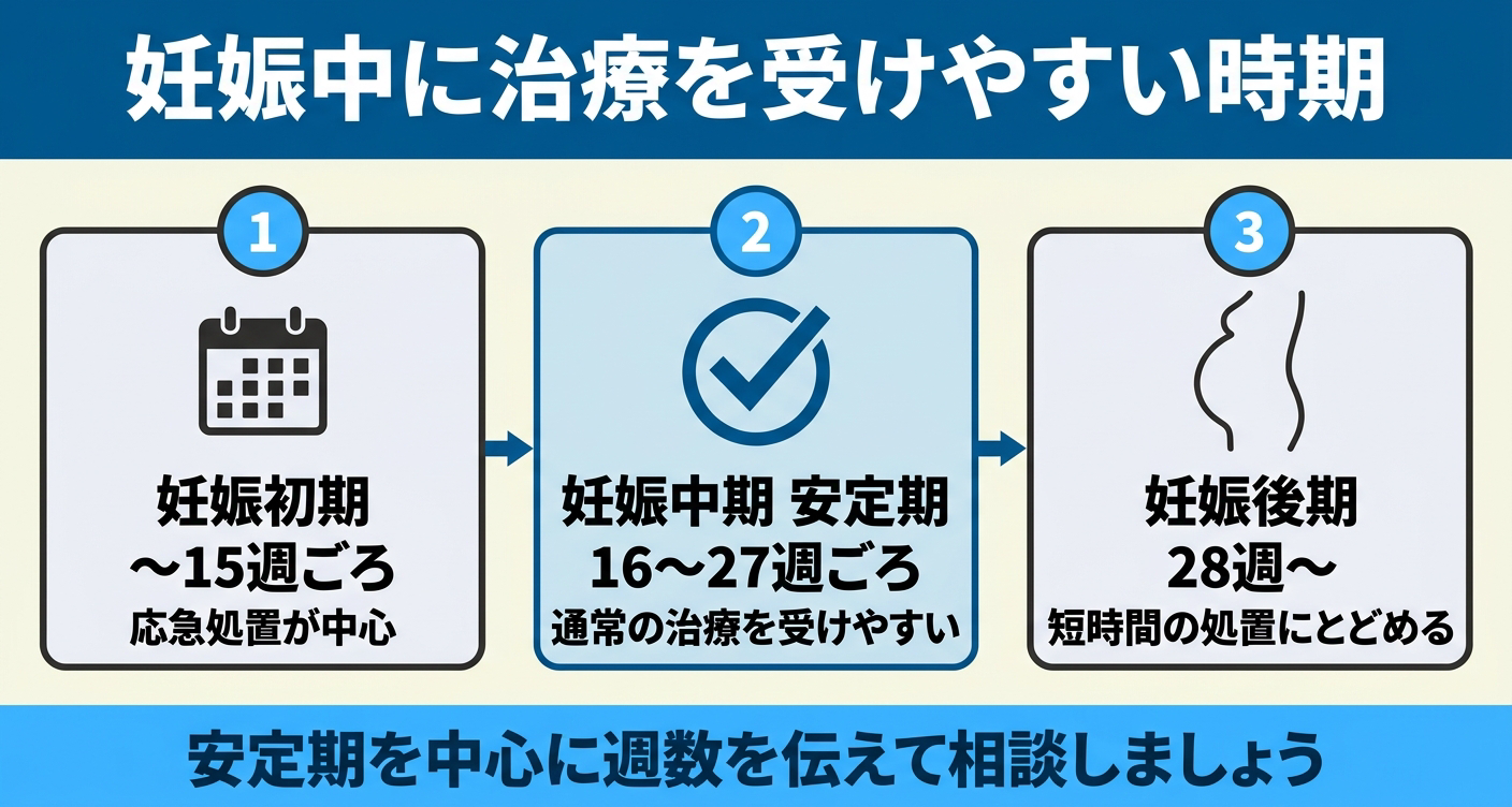 妊娠中に虫歯治療を受けやすい時期を初期・中期・後期の3段階で示した図解。初期は応急処置が中心、安定期の中期は通常の治療を受けやすく、後期は短時間の処置にとどめ、週数を伝えて相談することを妊娠中の虫歯対応の目安として伝える。