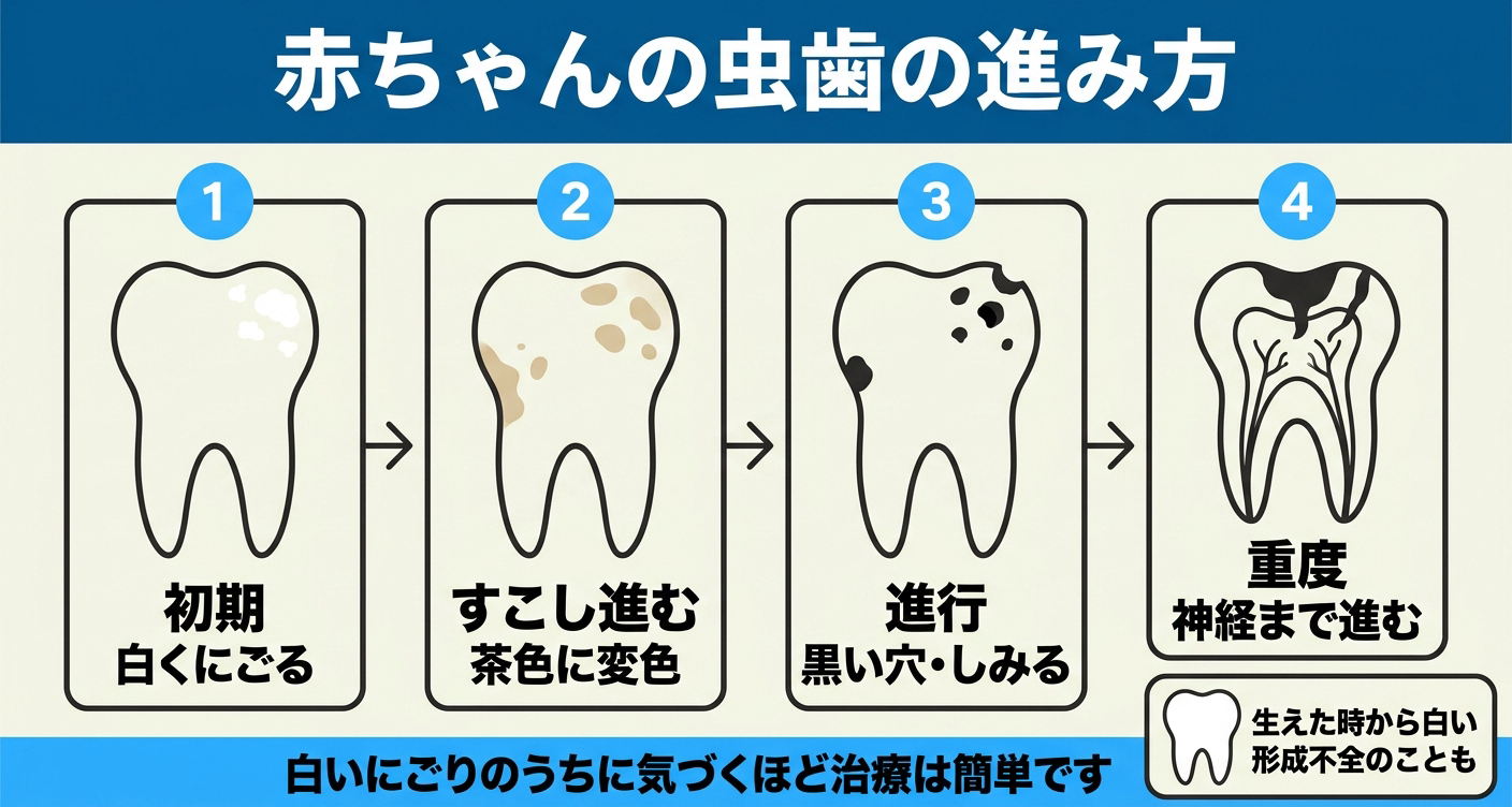 赤ちゃんの虫歯の進行段階を左から右へ4段階で示した図解。白くにごる初期から、茶色の変色、黒い穴としみる状態、神経まで進む重度まで並べ、生えた時から白い形成不全との区別も添えて、早い段階で歯科確認につなげることを伝える。