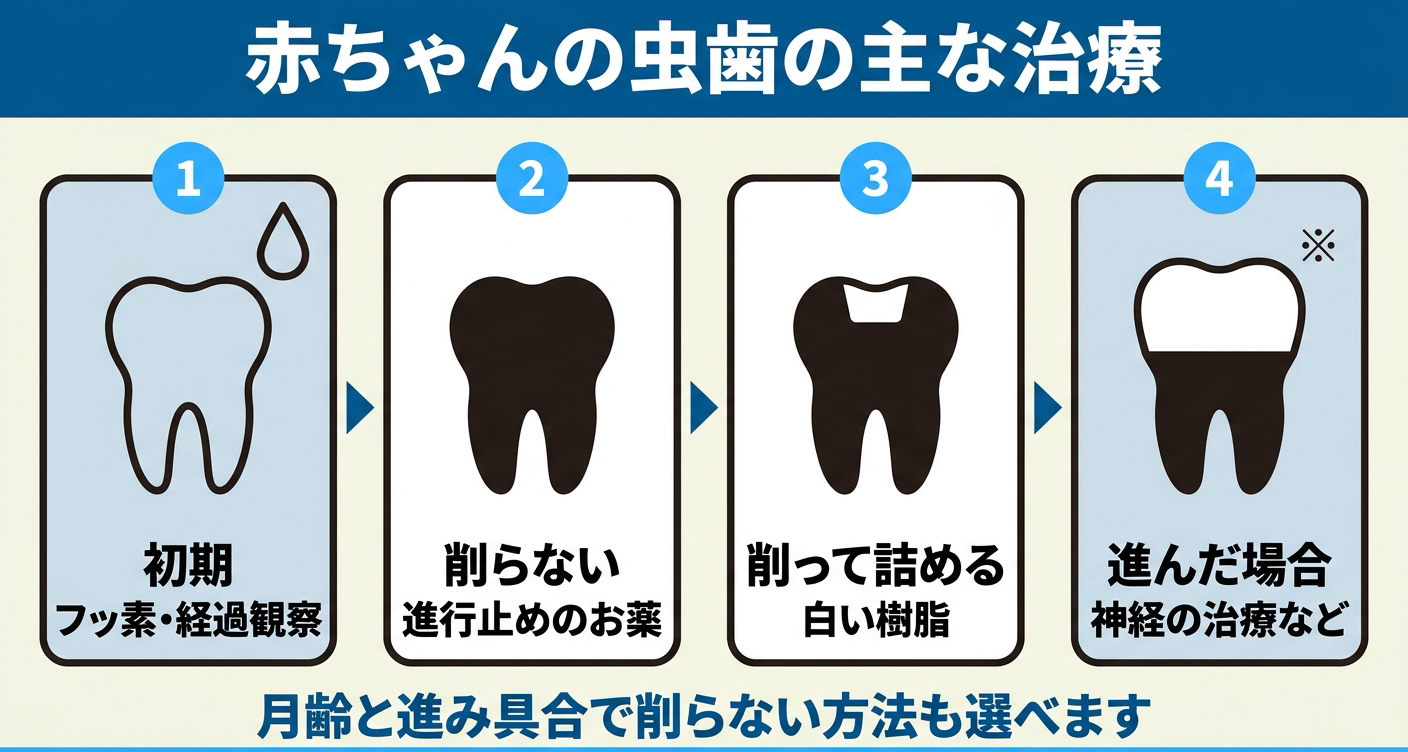 赤ちゃんの虫歯の治療を進行度別に4段階で並べた図解。初期はフッ化物と経過観察、削らない進行抑制の薬、削って白い樹脂を詰める治療、進んだ場合の神経の治療などを比較し、月齢と進み具合で方法が変わることを示す。