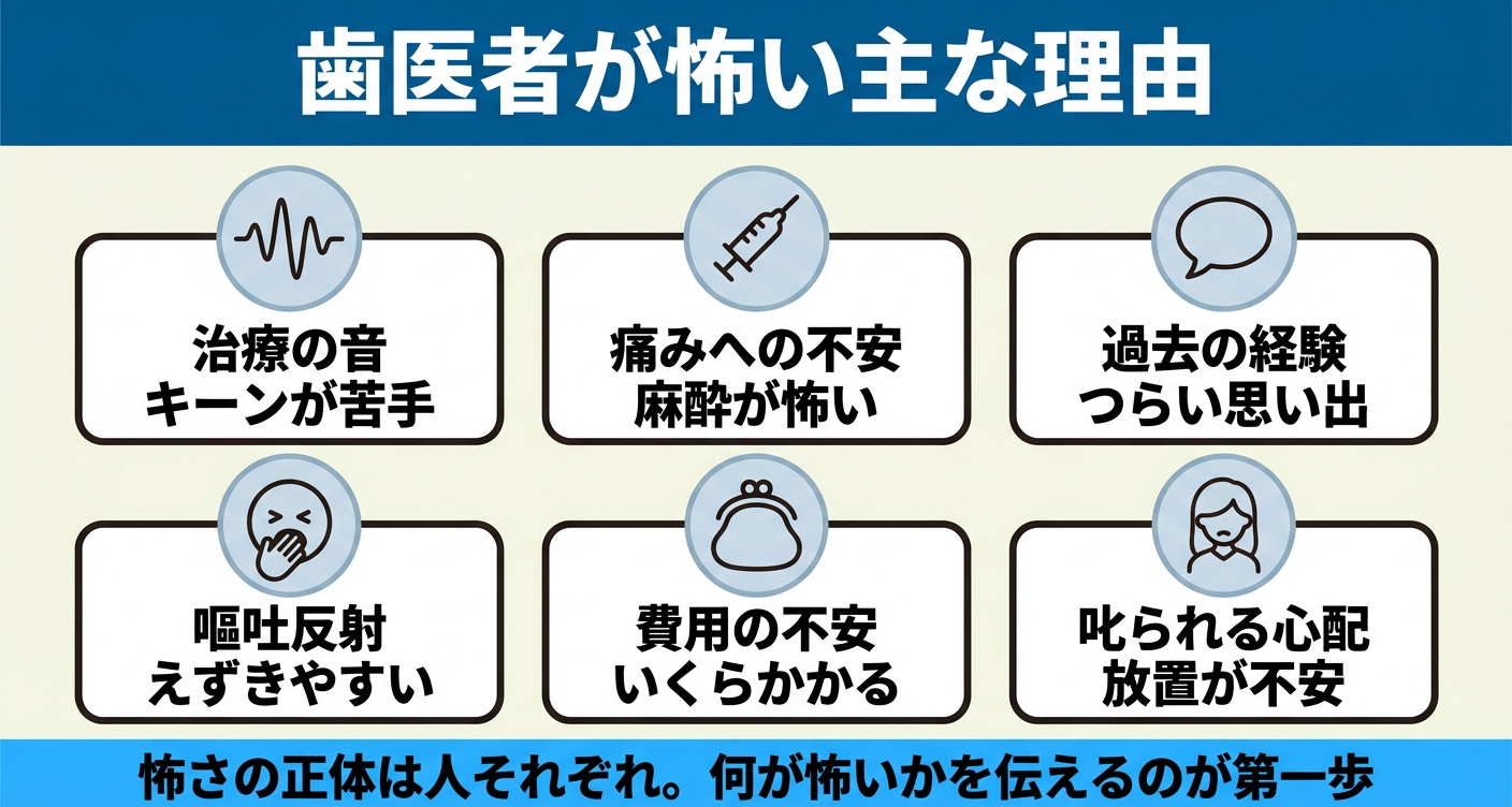 歯医者が怖い・行きたくないと感じる主な理由を6枚のカードで整理した図解。治療の音、痛みへの不安、過去のつらい経験、嘔吐反射、費用の不安、叱られる心配を並べ、何が怖いかを伝えることが受診の第一歩になると示す。