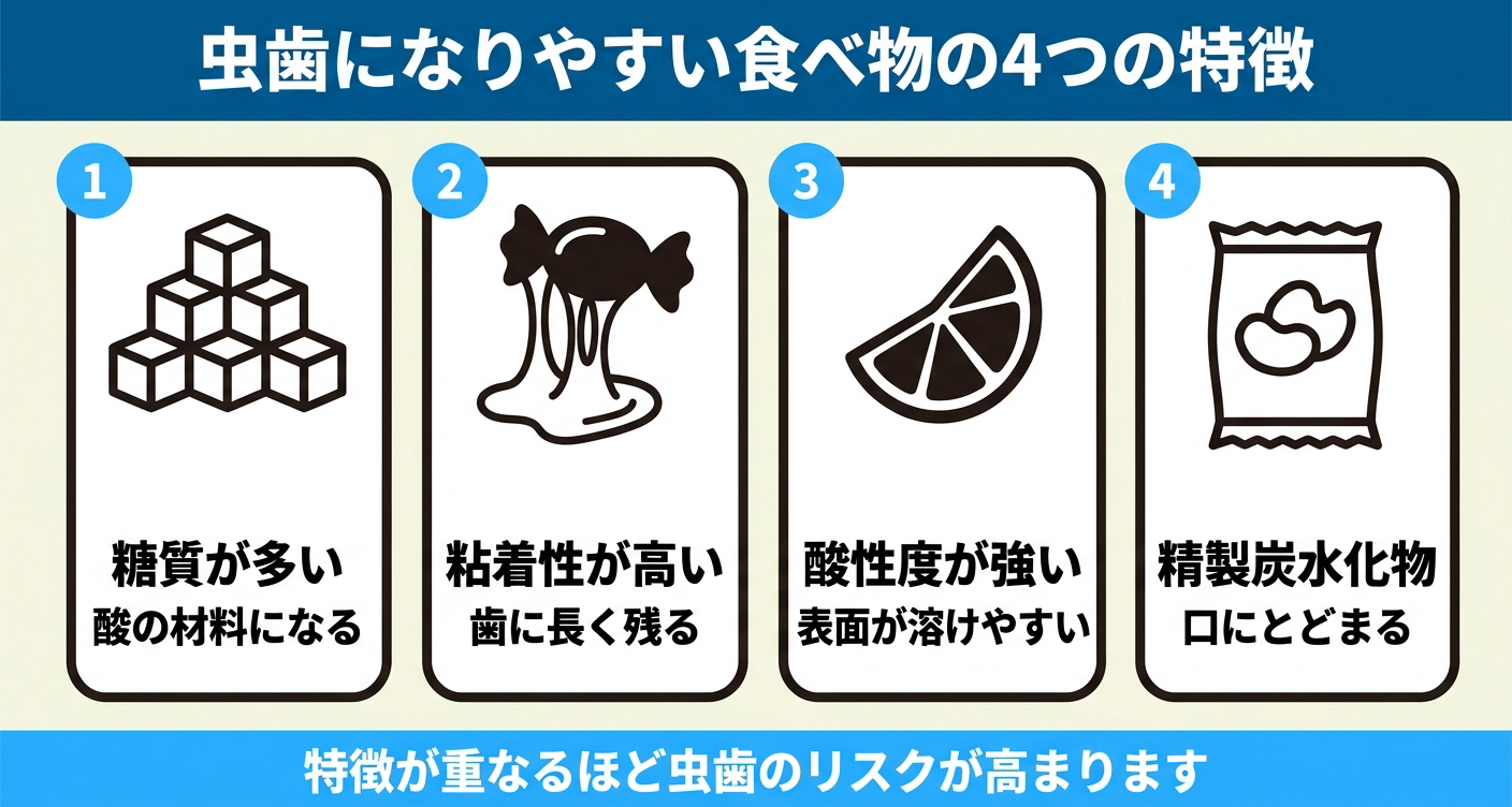 虫歯になりやすい食べ物・飲み物の4つの特徴を4枚のカードで整理した図解。糖質が多い、粘着性が高い、酸性度が強い、精製炭水化物で口にとどまる、という特徴を並べ、特徴が重なるほど虫歯のリスクが高まることを伝える。