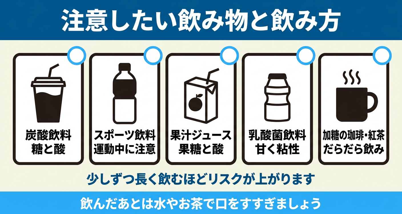 虫歯になりやすい飲み物の具体例を5枚のパネルで整理した図解。炭酸飲料・スポーツ飲料・果汁ジュース・乳酸菌飲料・加糖の珈琲や紅茶を並べ、少しずつ長く飲むほどリスクが上がること、飲んだあとに水やお茶で口をすすぐとよいことを伝える。
