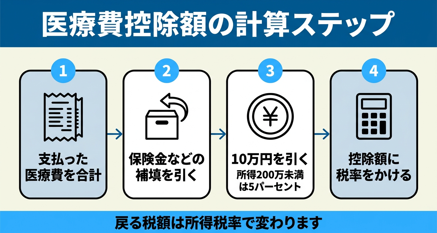 虫歯治療の医療費控除でいくら戻るかを4ステップで示した図解。支払った医療費を合計し、保険金などの補填を引き、10万円(所得200万円未満は5パーセント)を引き、控除額に税率をかける流れを並べ、戻る税額が所得税率で変わることを伝える。