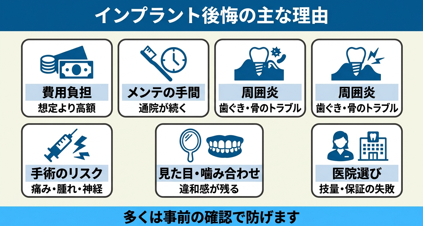 インプラントをやらなきゃよかったと後悔する主な理由を6つのカードで整理した図解
