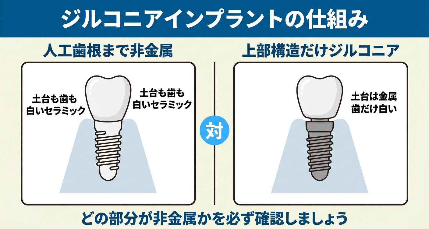 ジルコニアインプラントの仕組みを2タイプで対比した図解
