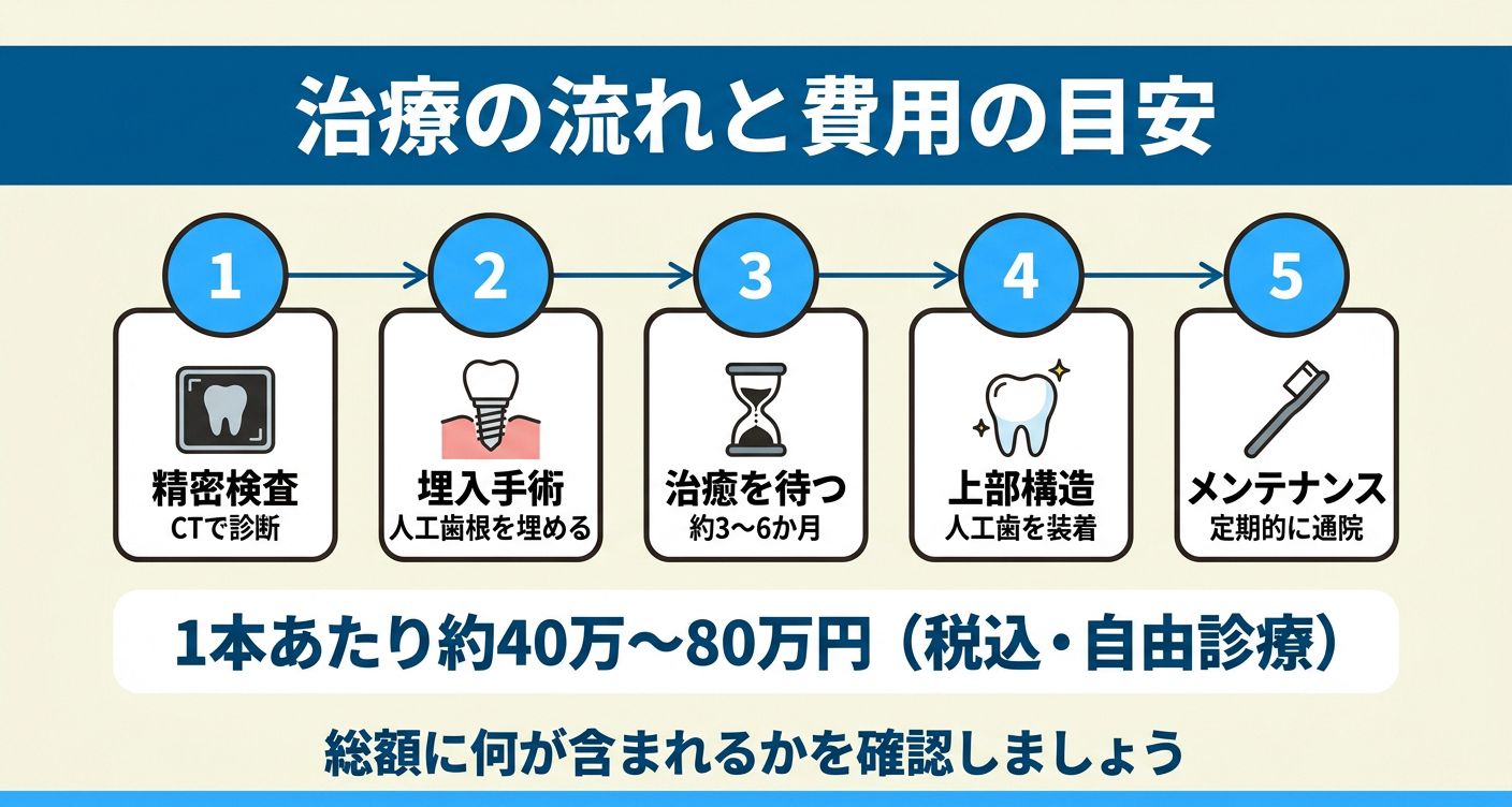 ジルコニアインプラントの治療の流れと費用の目安を示した図解